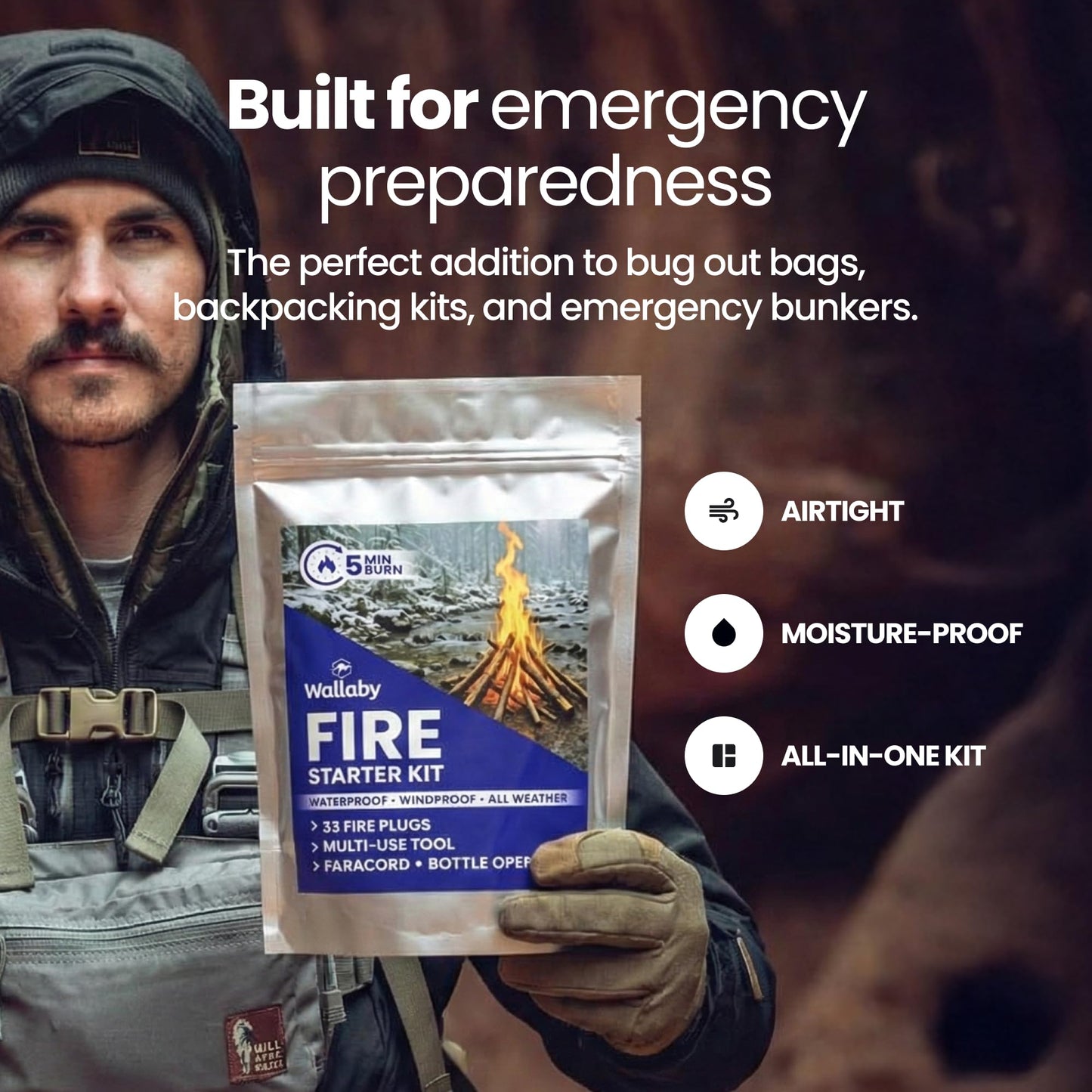 Wallaby Fire Starter Kit - 33 Waterproof Plugs in Metal Tin + Flint Rod Striker Multi-Tool, Pocket Survival Guide, Airtight Mylar Storage Bag β Camping, Emergency, Grill, Fire Pit