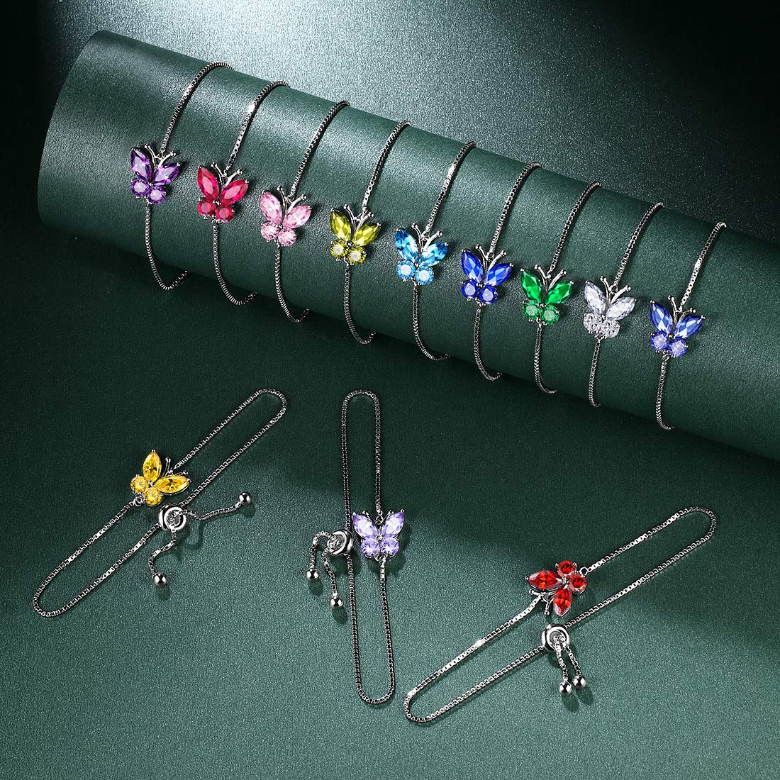 Hipunk Butterfly Green Jewelry Sets Birthstone Women 925 Sterling Silver August-Peridot Birth Stone Animal Butterflies Jewelry Sets/Earring/Ring/Bracelet Set Crystal Birthday Jewelry SS0003A