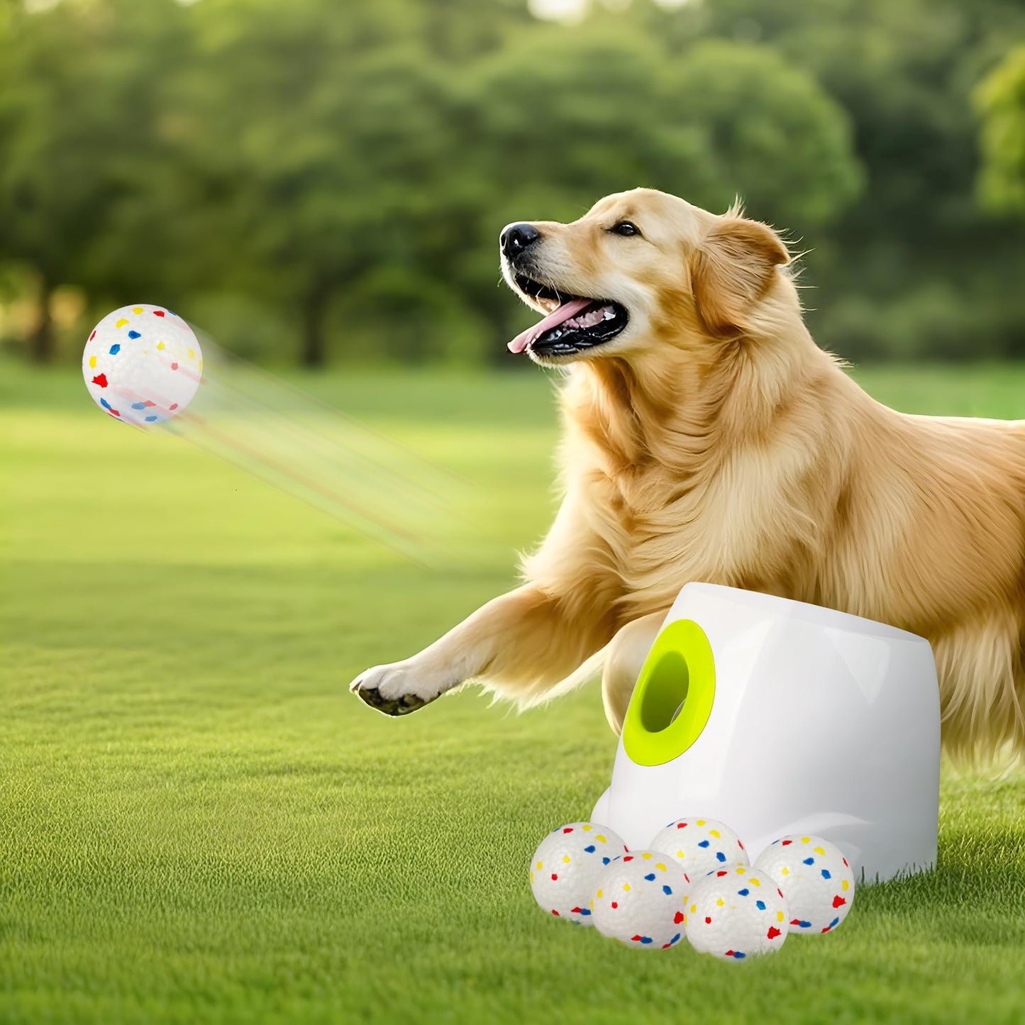 ALL FOR PAWS Automatic Ball Launcher for Dogs, Interactive Puppy Pet Balls Outdoor Thrower for Medium to Large Dogs and six 2.5-inch Tennis Balls Bundle