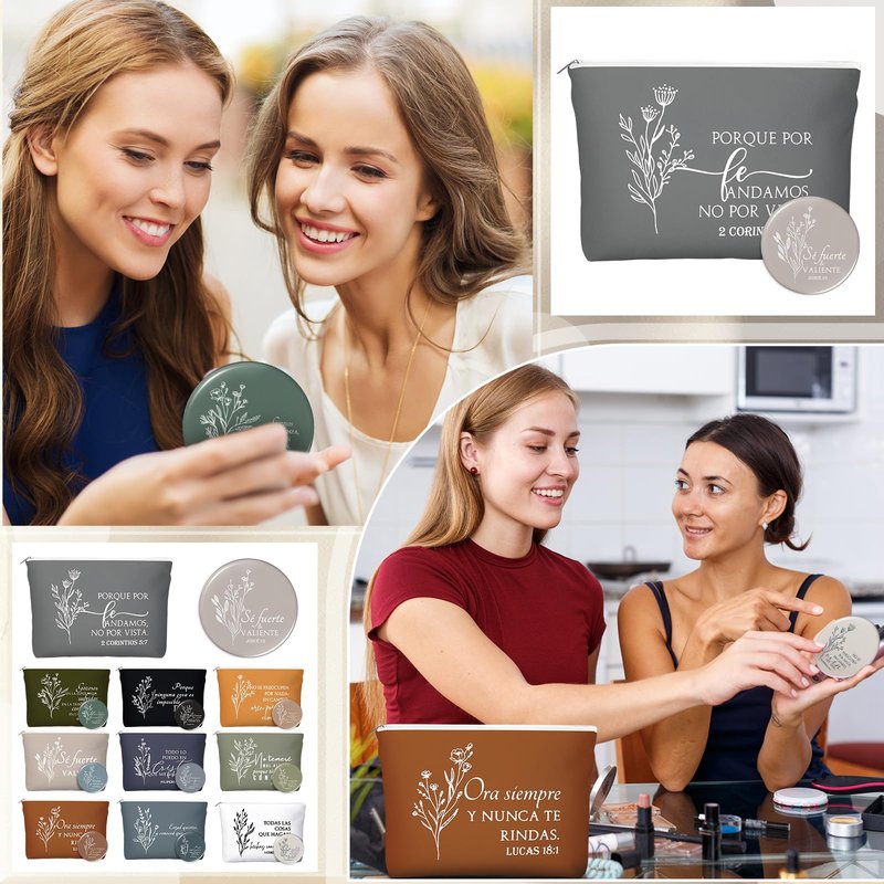 Kacctyen 20 Sets Spanish Christian Gifts for Women Bulk Bible Verse Makeup Bags Compact Mirror Regalos Cristianos Para Mujer En Español Canvas for Church Articulos Religiosos Catolicos (Boho Color)