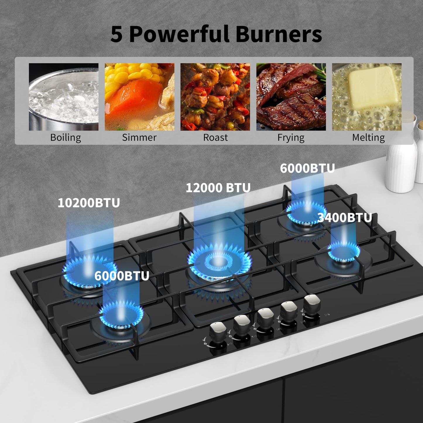 Nafewin 36 Inch Gas Cooktop Propane Stove, 5 Burner Built-in Gas Stove Top with Tempered Glass Panel, NG/LPG Dual Fuel Auto Ignition Propane Cooktop with Thermocouple Protection
