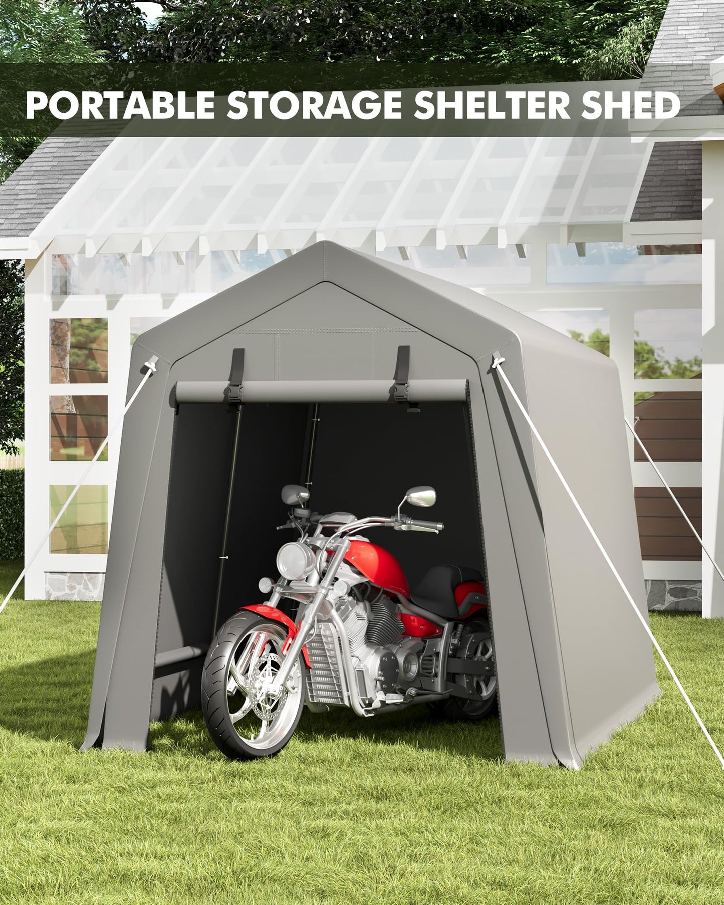 GarveeLife 6 x 8 ft Carport Storage Shed, Portable Garage with Roll-up Zipper Door, Heavy Duty Waterproof Tarp, Storage for Motorcycle, Bike, Firewood, Garden Tools