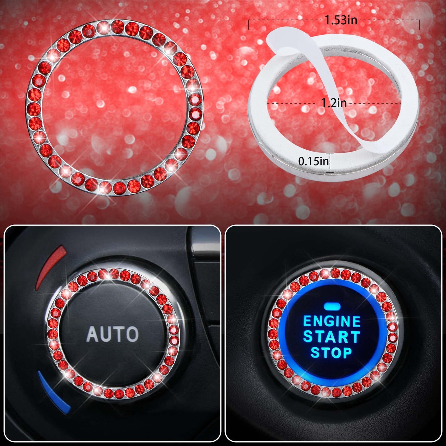 CAR PASS 11 PCS Bling Diamond Car Mats Set for Women Girls, Sparkly Rhinestone Steering Wheel Cover, Waterproof Floor Mats Universal Fit for SUV,Vans,Sedans,Trucks Anti-Slip, Interior Sets Black Red