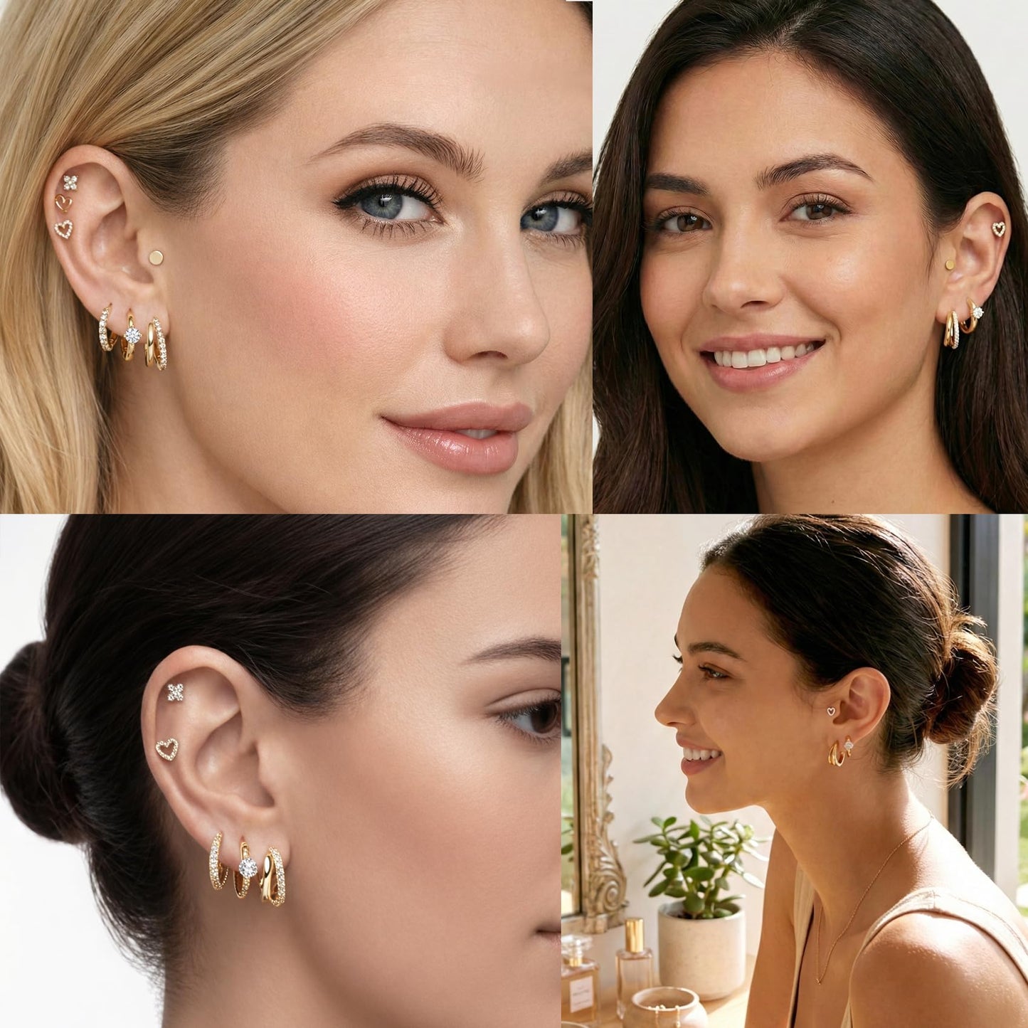 Nunpag 9 Pairs Hypoallergenic 14K Gold Plated Flat Back Earrings for Women CZ Stones Studs Earring Circle Heart Clover Hoop Earrings Stainless Steel Jewelry Gift for Sensitive Ears