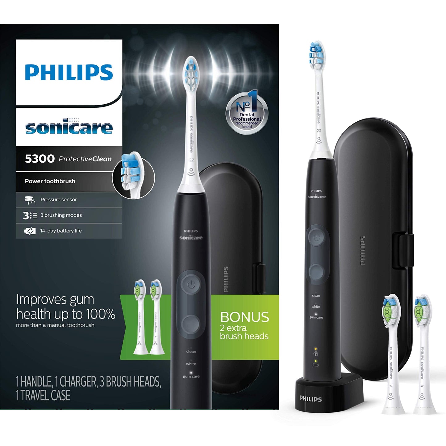 Philips Sonicare ProtectiveClean 5300 Rechargeable Electric Power Toothbrush, Black, HX6423/34 & ProtectiveClean 6100 Rechargeable Electric Power Toothbrush, White, HX6877/21