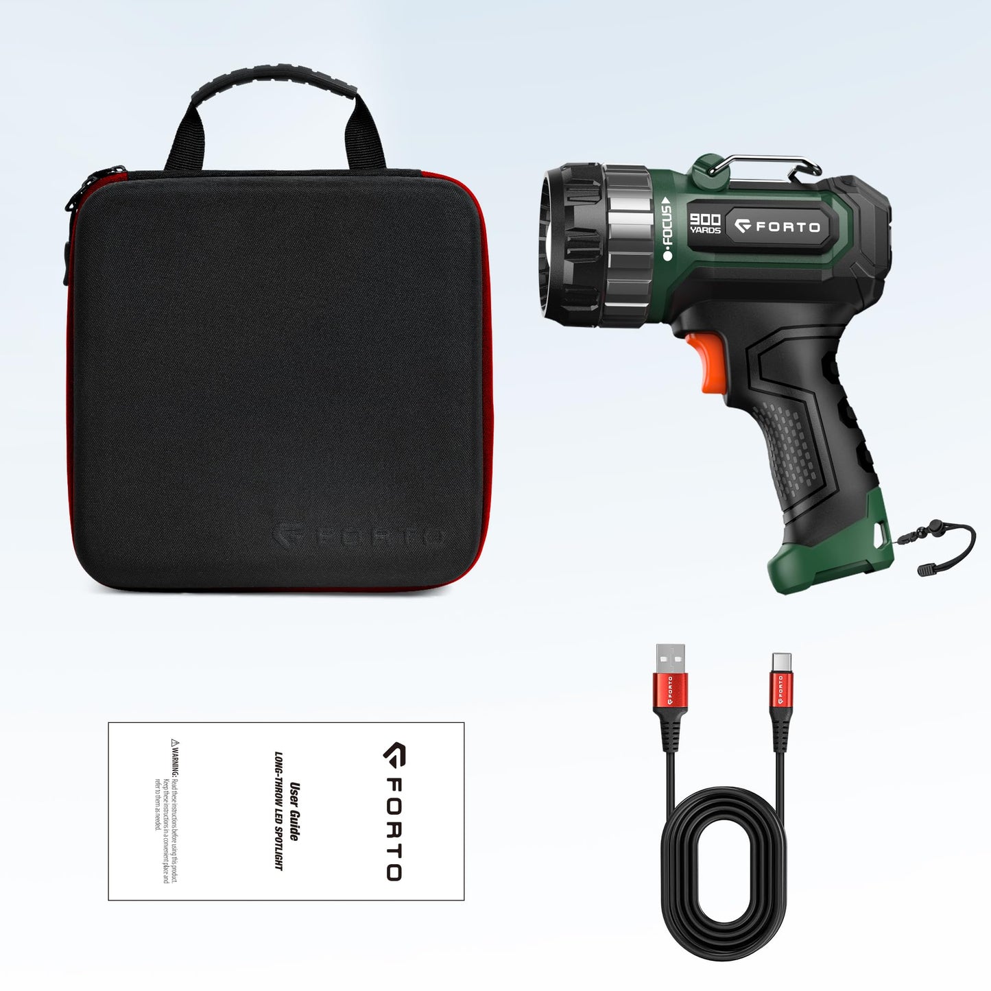 FORTO Compact Rechargeable Spotlight with Adjustable Focus, Handheld Spot Light with Stand, 823m Range, 3 Light Modes and LED Spot Lights Outdoor for Boating Hunting Camping Hiking