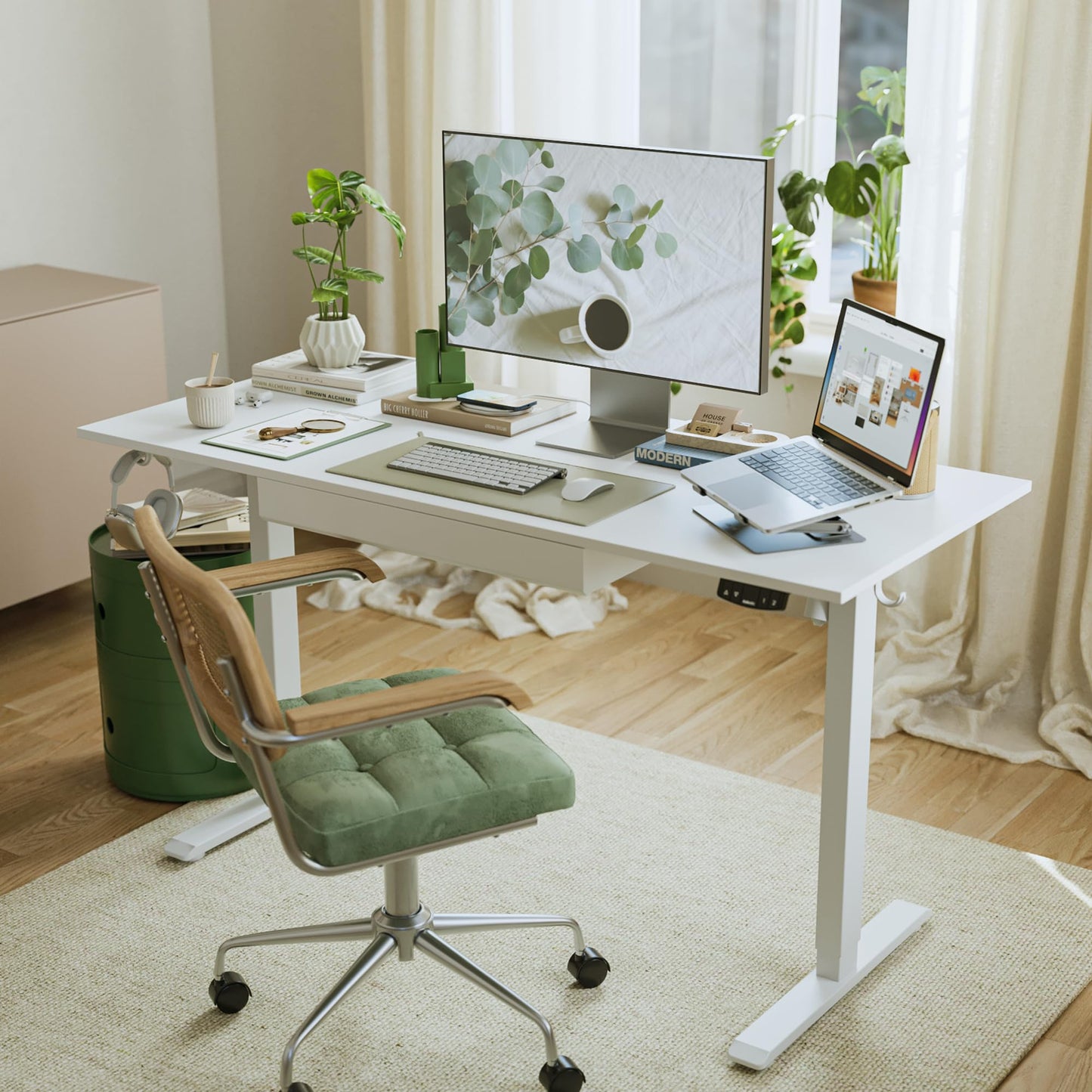 Agilestic Adjustable Height Electric Standing Desk with Storage Wooden Drawer, 63 x 24 Inches Stand Up Home Office Computer Gaming Table with Splice Board for Work Office Home, White