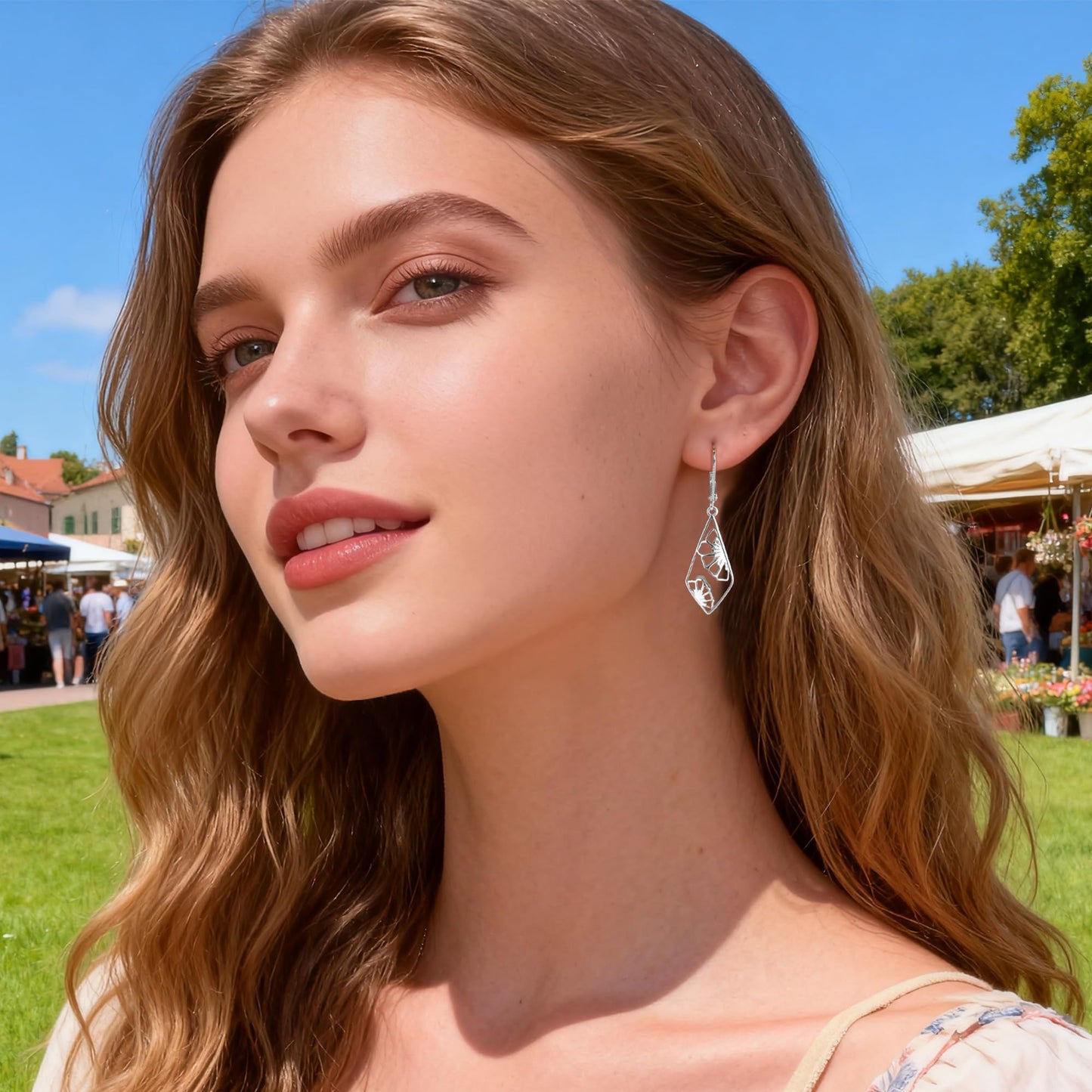 925 Sterling Silver Dangle Earrings Hypoallergenic Filigree Flower Double-Sided Carved Dangle Earring for Women Geometric Leverback Earring Lightweight Silver Drop Earings for Women Jewelry Gift