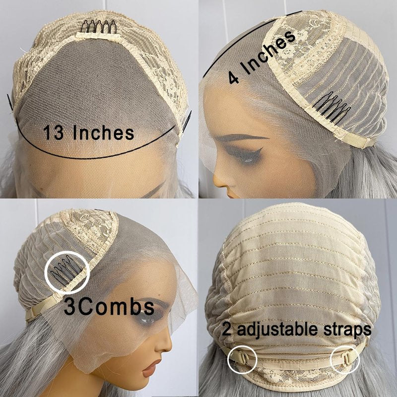 Silver Grey Long Curly Synthetic Lace Front Wigs for Women Free Part Pre Plucked Natural Hairline Lace Front Synthetic Cosplay Wigs Glueless Daily Wear Costume Wig 24 Inches