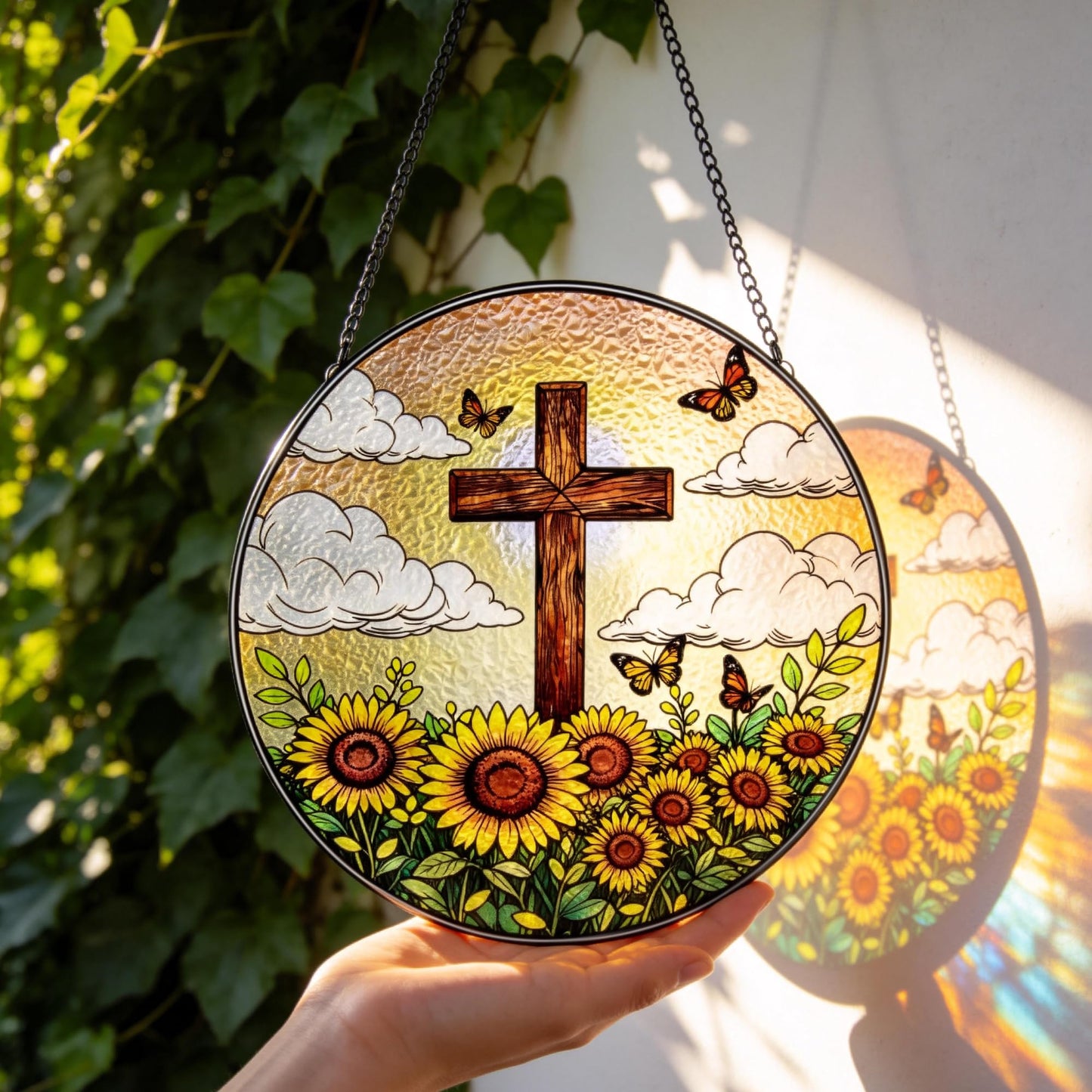 8 Inch Stained Glass Cross Suncatcher with Sunflower & Butterfly Christian Gifts for Women Religious Window Hanging Decor Unique Catholic Easter Birthday Gifts for Mom Grandma (Brown, Medium)