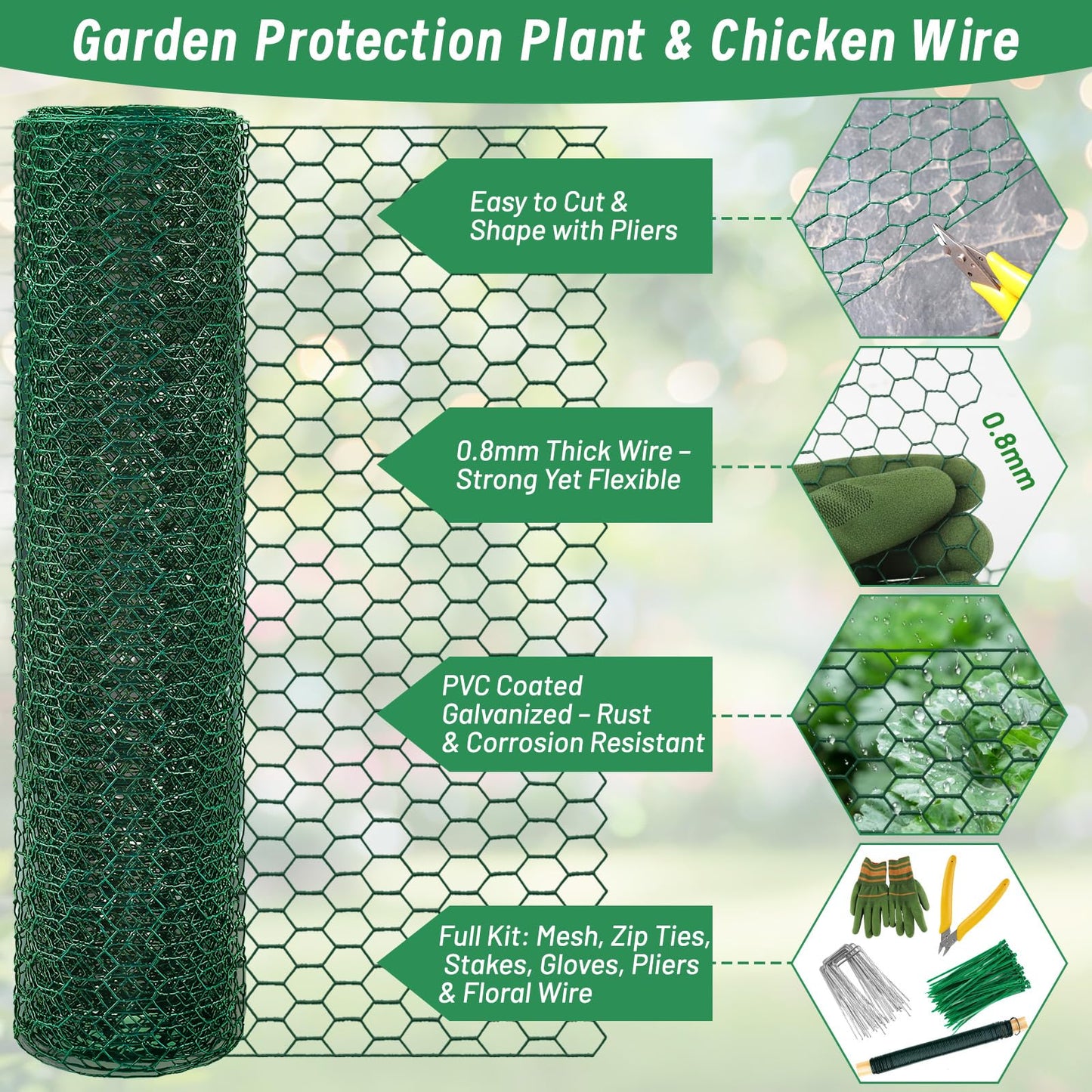 Convivium Plant Protectors from Animals, 0.8mm Free-Cut Green Chicken Wire Mesh, PVC Coated Tree Trunk Guard & Garden Fence for Outdoor Plants with Zip Ties, Stakes, Pliers, Gloves(33Ft*16In)