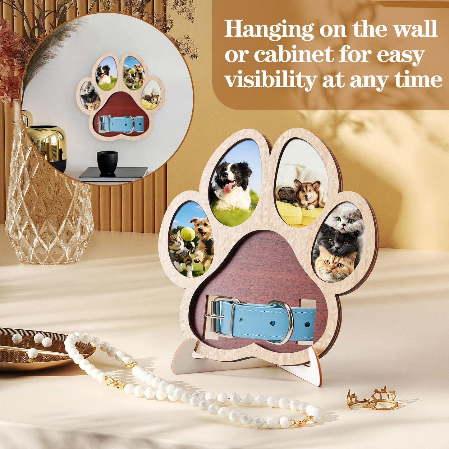 Aanqilze Pet Memorial Paw Photo Frame 4 Photo Collage Display for Dogs & Cats, Dog Keepsake Picture Frame with Collar/Harness Holder, Sympathy Gift for Pet Loss, Pet Enthusiast Commemorative Gift