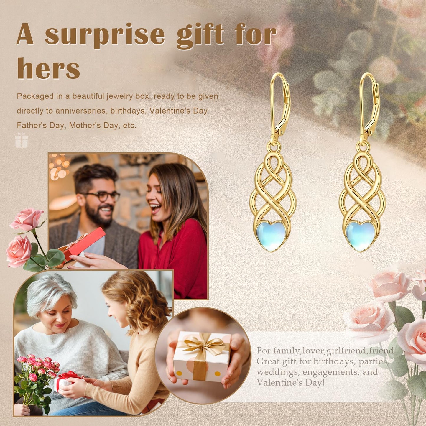 XPYPZP 14K Gold Celtic Knot Dangle Drop Earrings for Women Irish Celtic Heart Moonstone Leverback Earrings Ireland Jewelry Mothers Day Gifts for Mom Wife Girlfriend Her