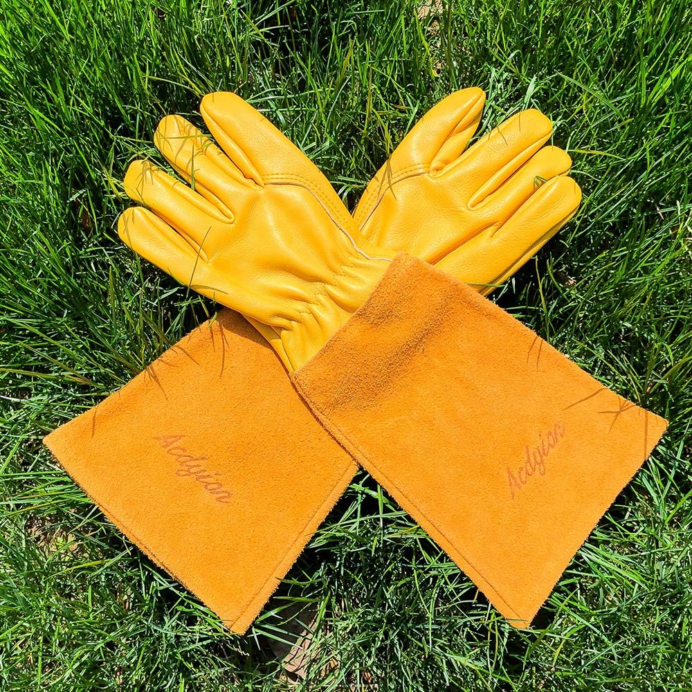 Acdyion Thorn Proof Gardening Gloves for Men & Women, Long Cowhide Leather Rose Pruning Gloves with Forearm Protection, Puncture Resistant Gauntlets for Cacti, Blackberries & Yard Work(yellow,Large)