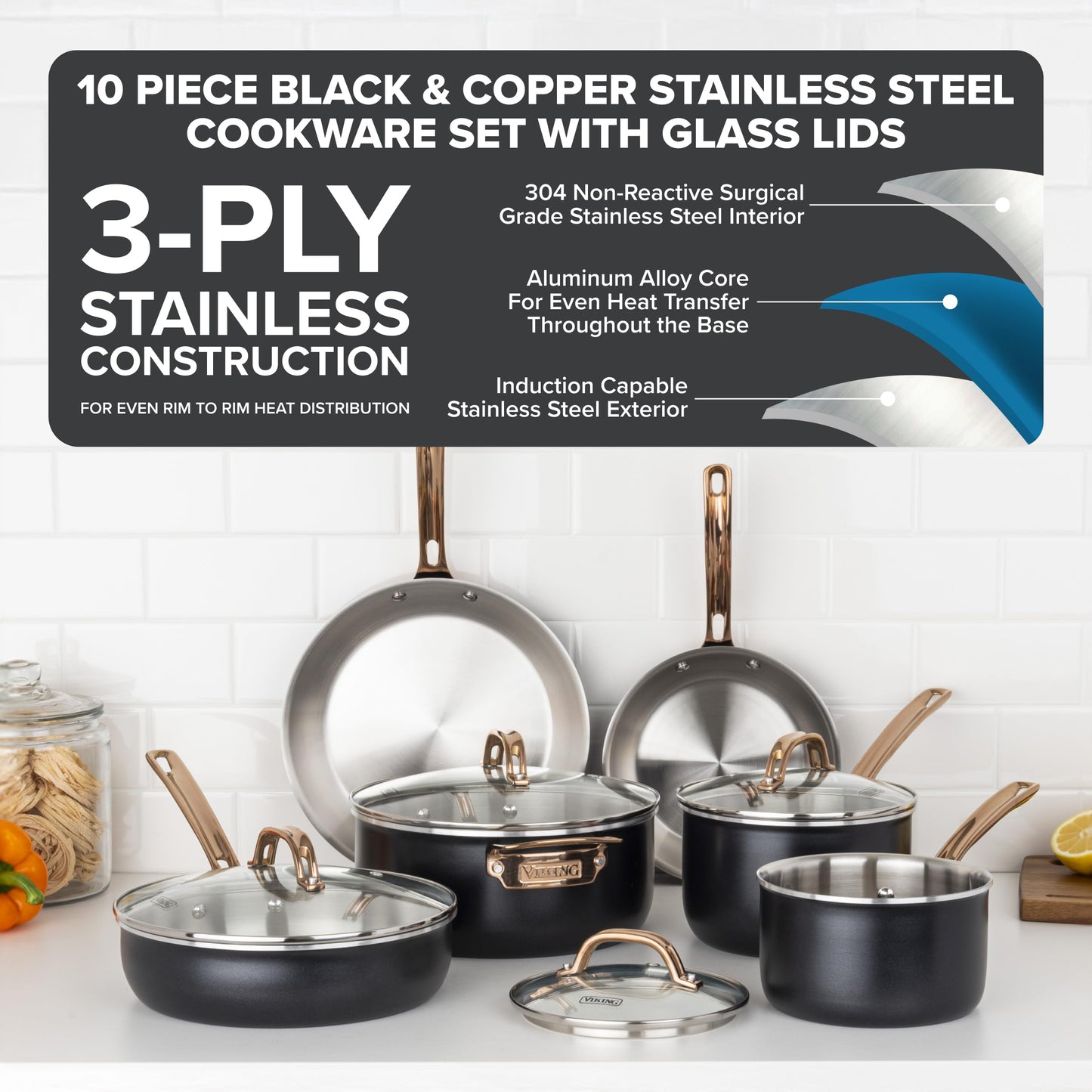 Viking 3-Ply Cookware Set, 10 Piece Stainless Steel Kitchen Cookware with Glass Lids, Oven Safe, Induction Ready, Black with Copper