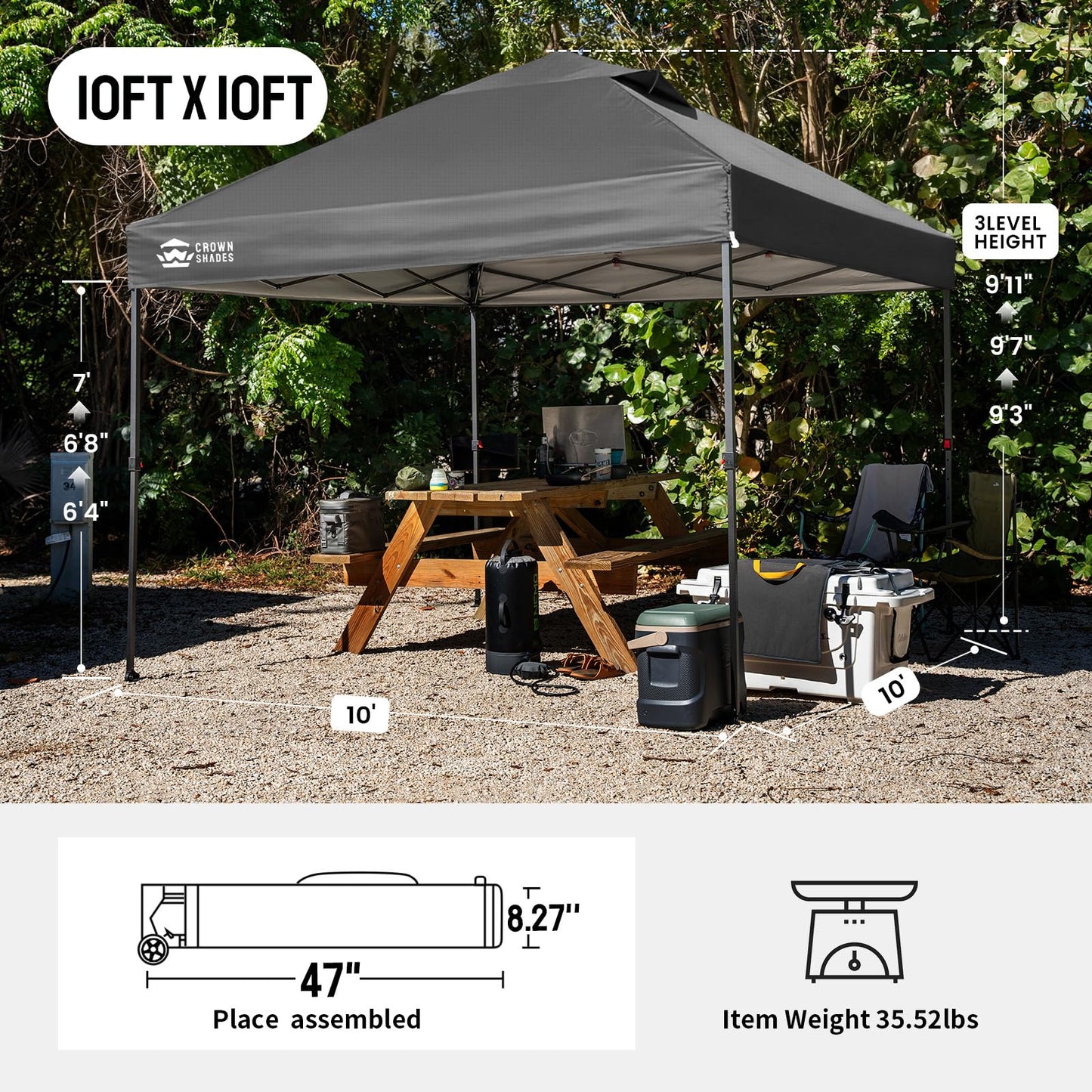 CROWN SHADES 10x10 Pop Up Canopy Tent - Patented Center Lock One Push Instant Outdoor Canopy Beach Tent with STO-N-Go Bag 8 Stakes & 4 Sand Bags,Grid Grey