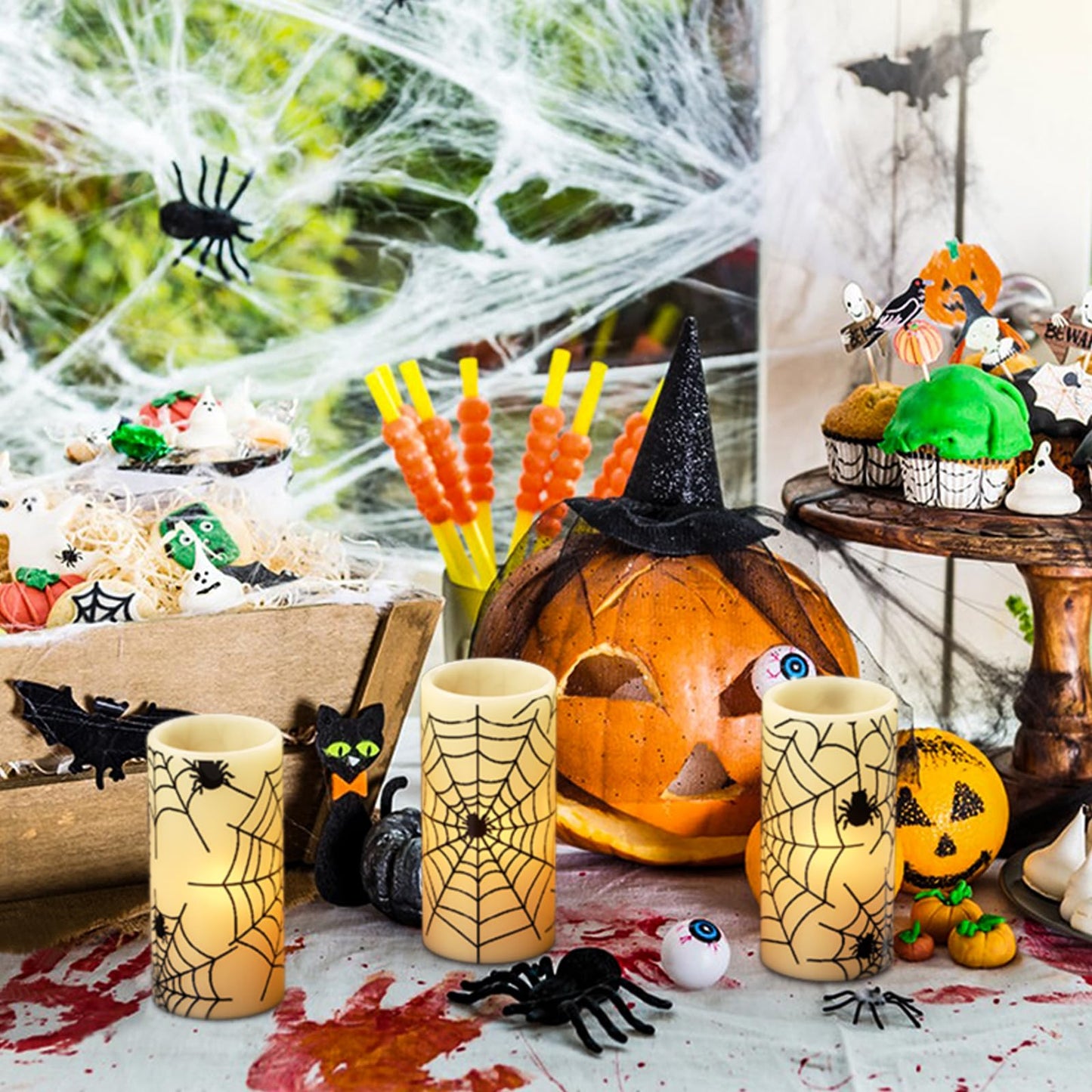 DRomance Flameless Candles Battery Operated with Timer, Set of 3 Spider Cobweb Decals Yellow Light Real Wax LED Flickering Pillar Candles Dinner Tabletop Halloween Home Decoration (3" x 6"")"
