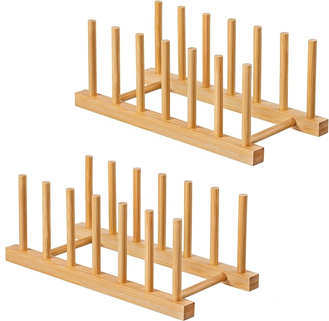 HBlife 2pcs Bamboo Dish Plate Bowl Cup Book Pot Lid Cutting Board Drying Rack Stand Drainer Storage Holder Organizer Kitchen Cabinet(Keep Dry)