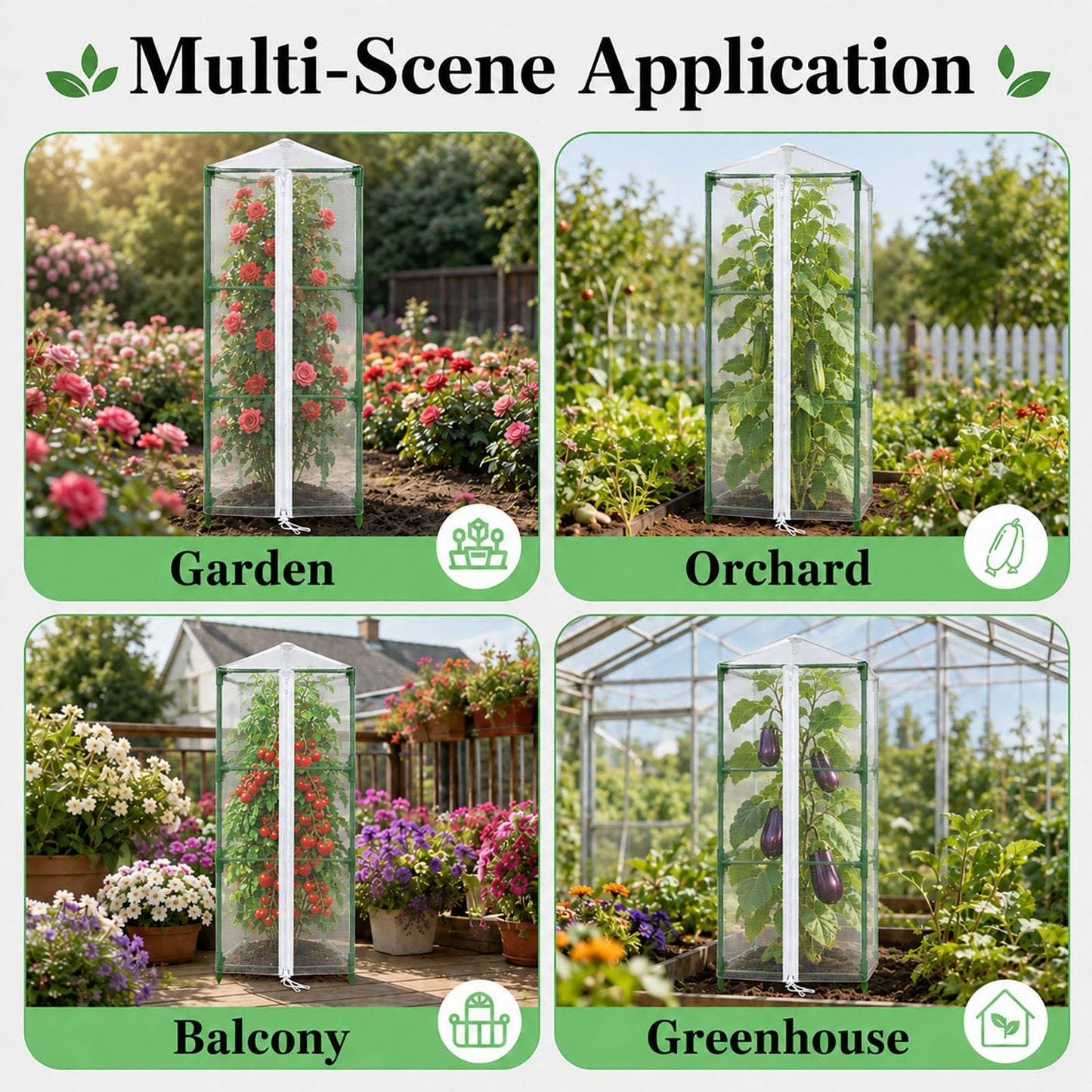 Halatool Garden Tomato Plant Cover Netting, Fits 40ā55" Tall Square Tomato Cages, Garden Bird Netting with Zipper & Drawstring, Insect Barrier, Plant Covers from Insects Animals, 4 Pack, 45"Ć15.7"