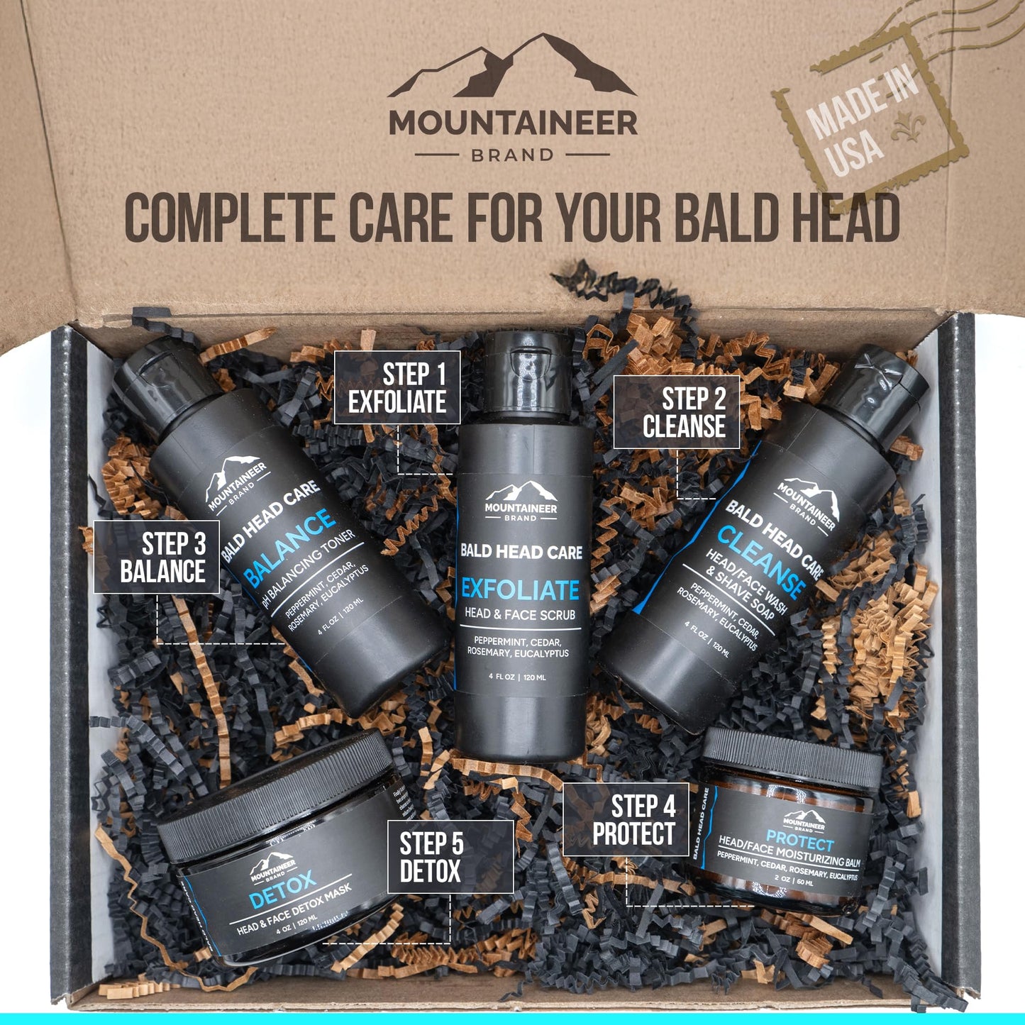 Mountaineer Brand Ultimate Bald Head Care Gifts Bundle For Men | All Natural 5 Step Skin Care for Healthy Scalp & Face | Exfoliate Scrub | Cleanse Wash | Shine Away | Moisturizing Balm | Detox