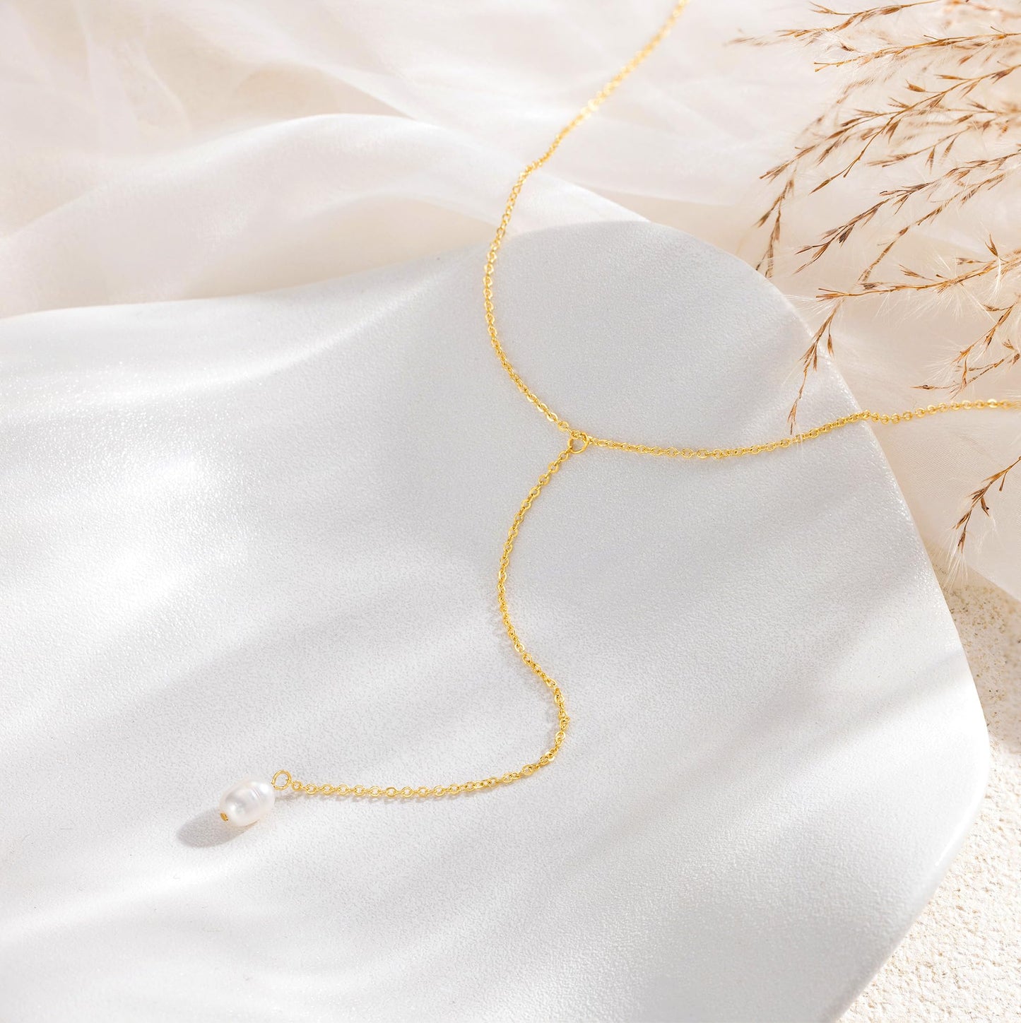 Tewiky Pearl Drop Necklace, Simple Gold Jewelry Dainty Long Gold Necklaces for Women Trendy Gold Plated Pearl Lariat Necklace Delicate Bridesmaid Jewelry Y Necklace for Women