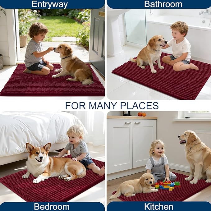 OLANLY Dog Door Mat for Muddy Paws 47x20, Ultra Absorbent Chenille Mud Doormat, Non-Slip Washable and Dirt Trapping Doormat for Indoor Entryway, Quick-Dry Indoor Pet Bed Mats for Dogs, Burgundy