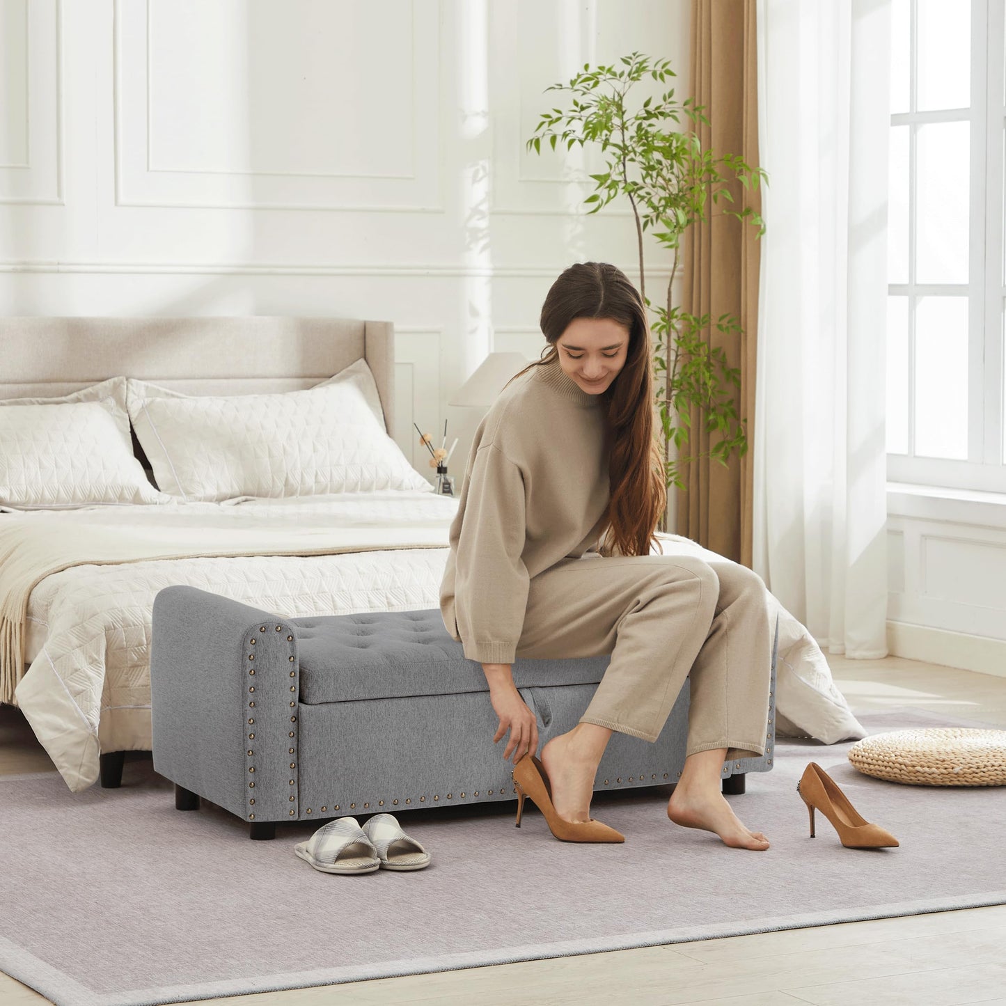 Ottoman with Storage, Tufted Storage Bench for Bedroom, 48" Fabrics End of Bed Bench, Upholstered Entryway Shoe Benches with Rolled Arm & Inner Zipper, Window Ottomans Chest with Rivets, Drak Grey