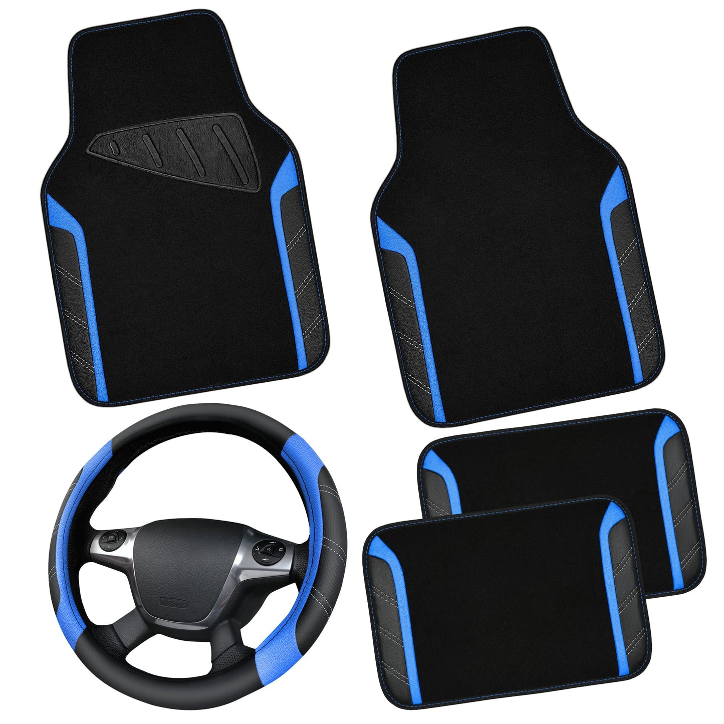 CAR PASS Microfiber Steering Wheel Cover and Waterproof Car Floor Mats,Leather Universal Car Combo Fit for 95% Truck,SUV,Cars,14.5-15inch Sporty Anti-Slip Safety Comfortable Design(Black and Pink)