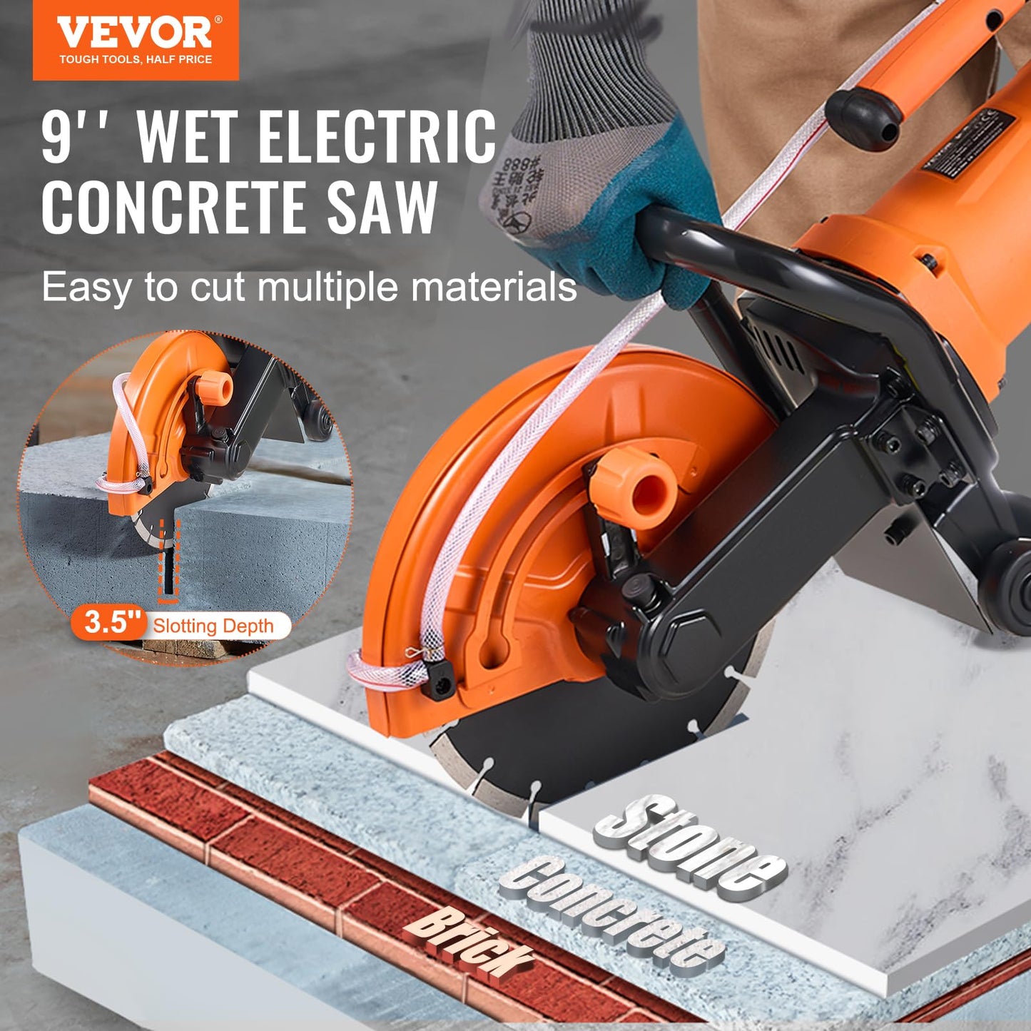 VEVOR Electric Concrete Cutter, 9 in Circular Saw with 3.5 in Cutting Depth, Wet/Dry Disk Cutter Includes Water Line, Pump and Blade, for Stone, Brick, Porcelain, Concrete, 1800W Motor