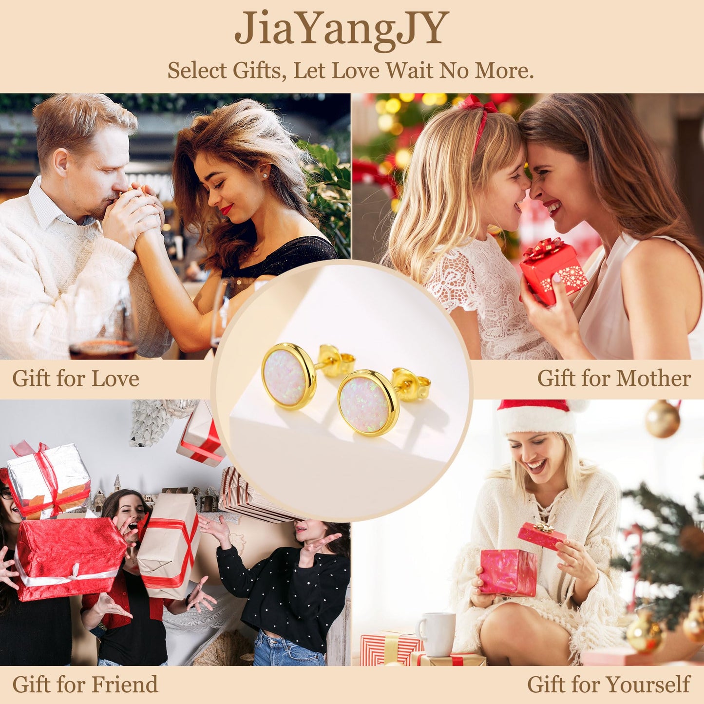 JiayangJY Silver White Fire Opal Stud Earrings for Women 18K Yellow Gold Plated Sterling Silver Round Shape 8mm Opal Earrings with Push Back