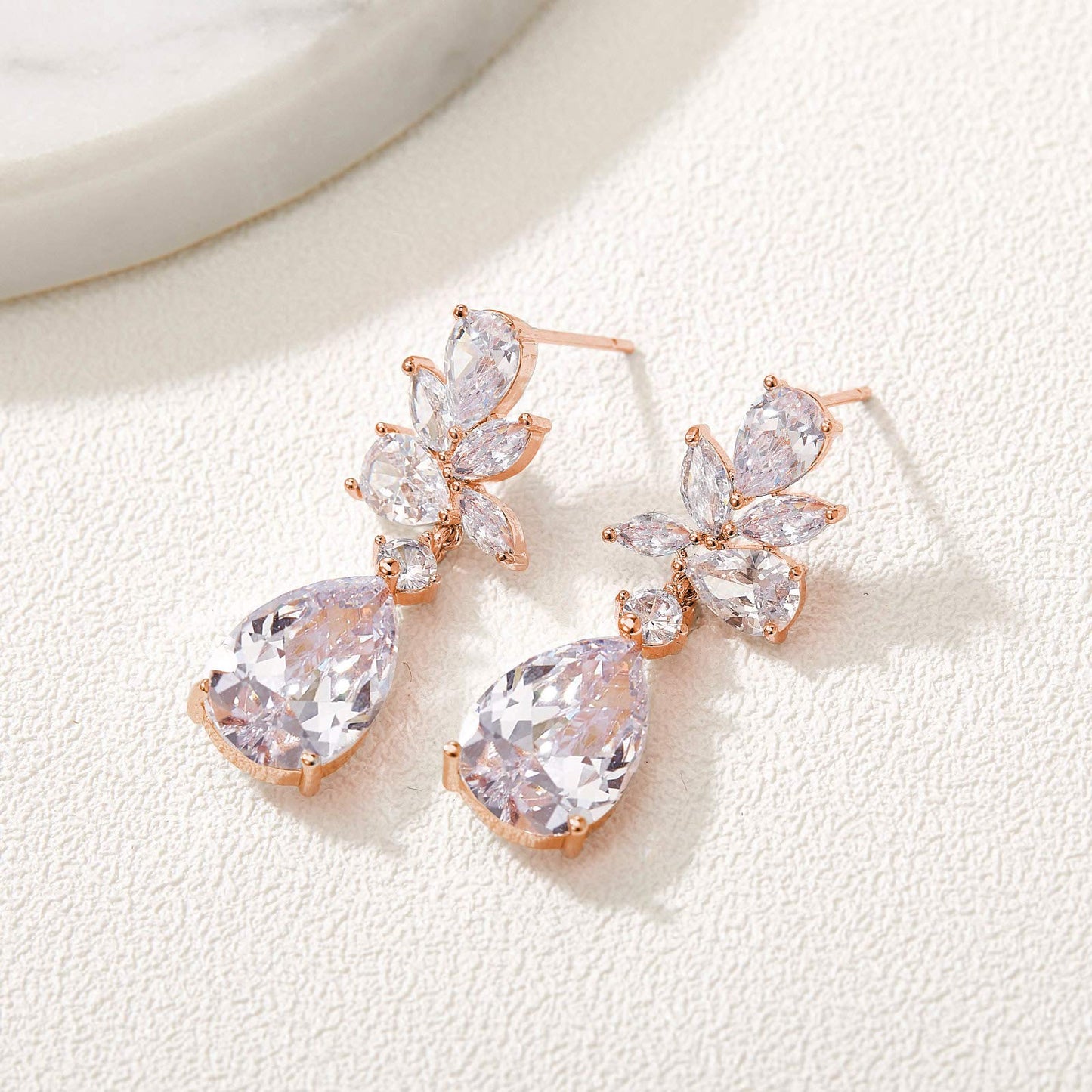 SWEETV Rose Gold Plated Elegant Bridal Wedding Earrings for Brides, Bridesmaids, Cubic Zirconia Teardrop Dangle Earrings for Women Formal Jewelry