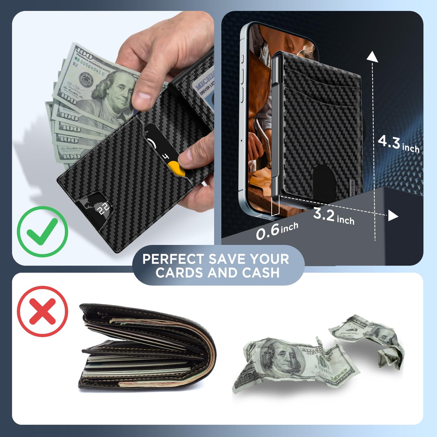 umoven Wallet for Men - Pop Up Case, Cash Slot, and Credit Card Slot - Slim Aluminum Wallet with RFID Blocking, Minimalist Leather Wallet Front Pocket with ID Window (Carbon Fiber)
