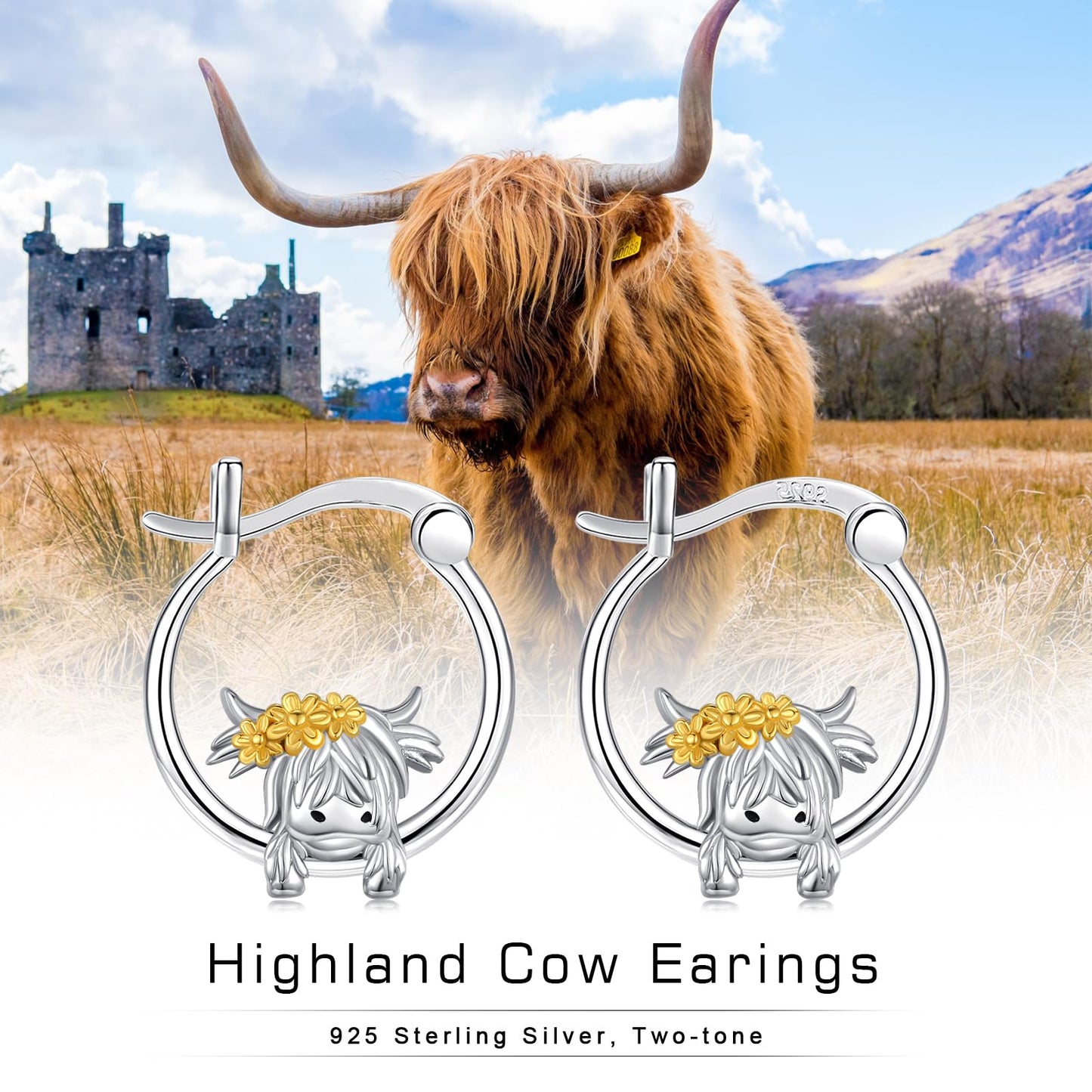 JUSTKIDSTOY Highland Cow Earrings 925 Sterling Silver 18mm Cute Cow Sunflower Huggie Hoop Earrings Jewelry Highland Cow Gifts for Women Daughter