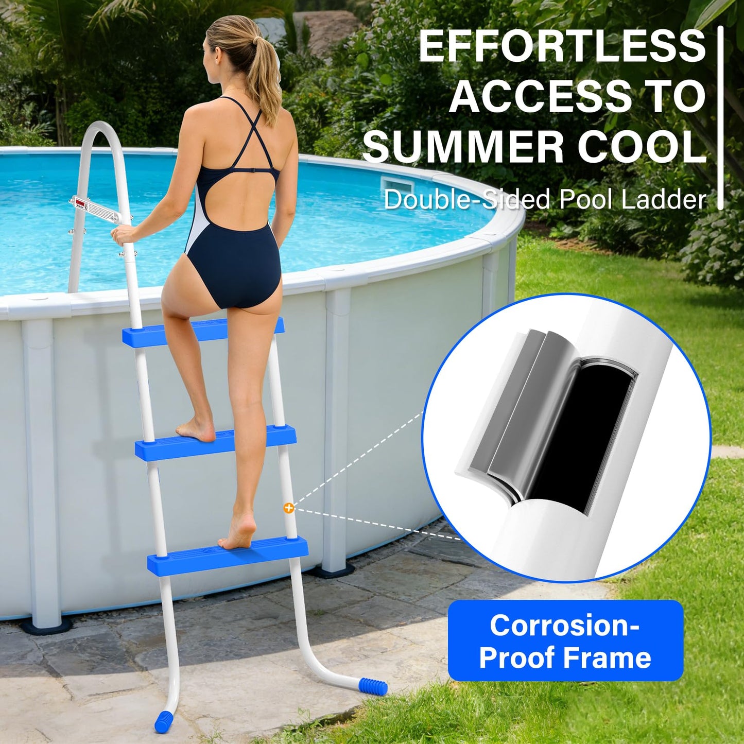 REGMICS Heavy Duty Steel Frame Swimming Pool Ladder for Above Ground Pools, 3-Step Double-Sided Pool Stairs for 42" Height Pools, 450lbs Capacity with Anti-Slip Rubber Feet & Wide Steps