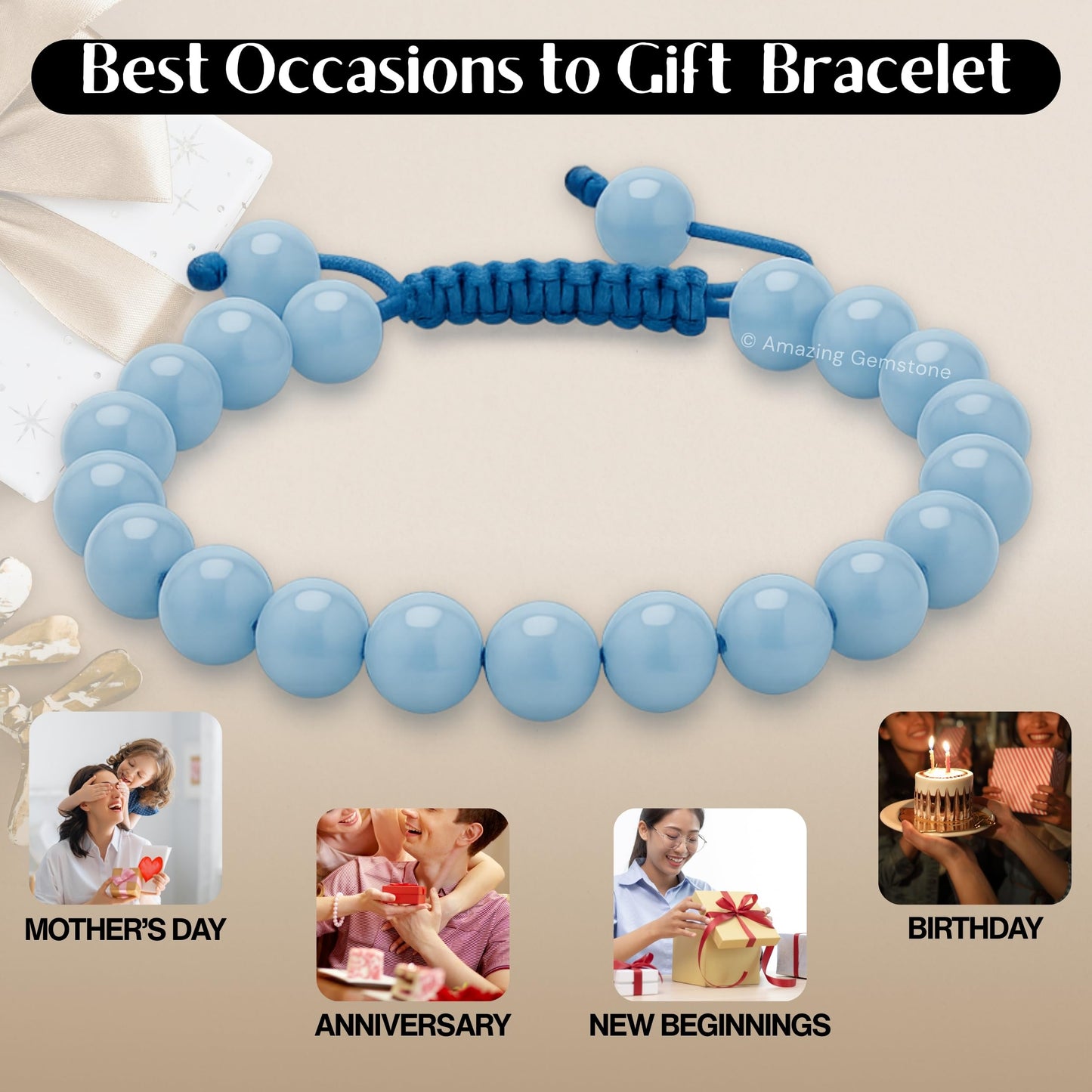 Amazing Gemstone Angelite Bracelet for Women Men's Gifts - Protection Healing Crystal Bracelet - 8mm Gemstone Beaded Adjustable Bracelet Pulseras Para Hombres Mujer Stocking Stuffers