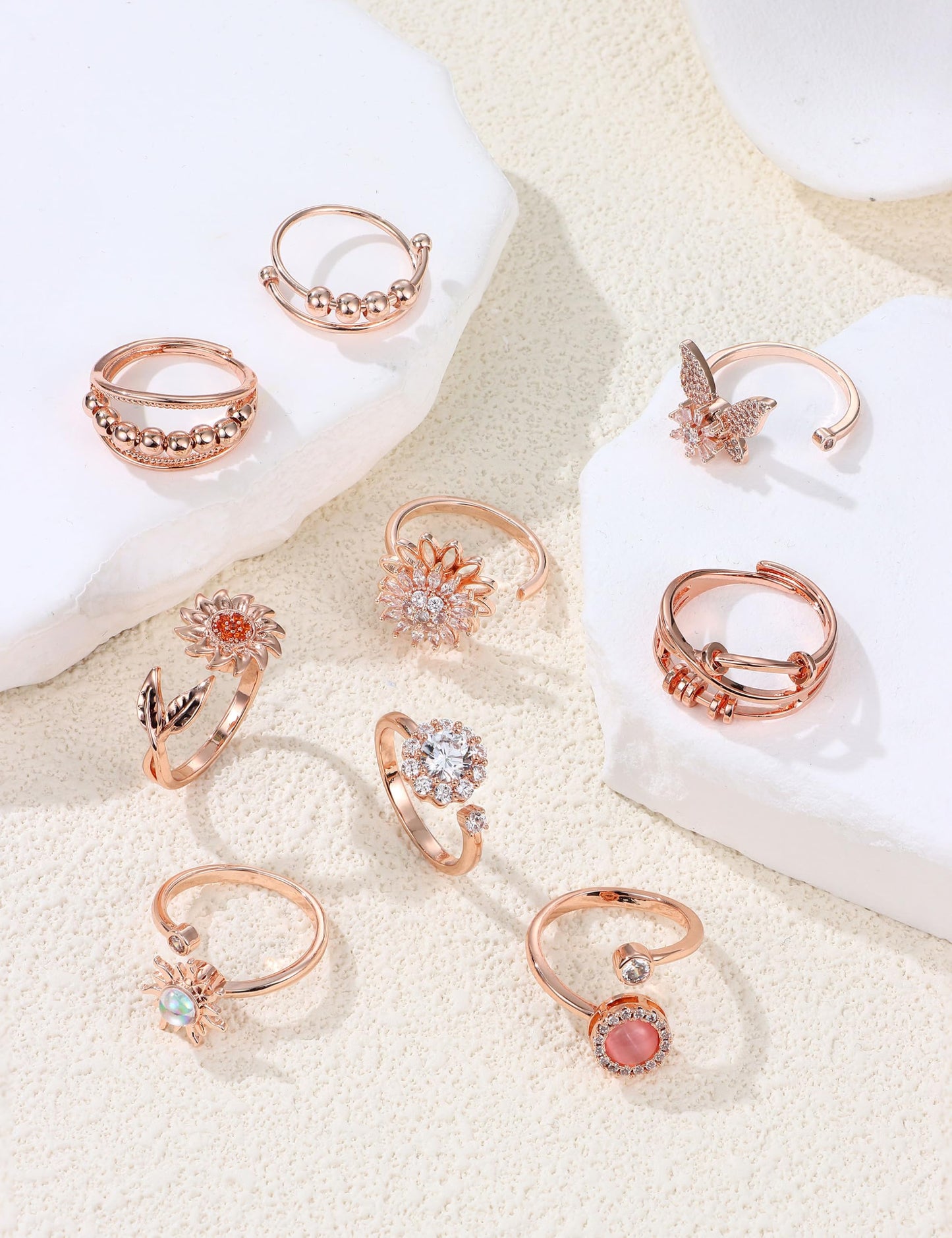 MILACOLATO 14K Gold Plated Fidget Ring for Women Adjustable Anxiety Rings Open CZ Butterfly Sunflower Bead Spinner Rings for Anxiety Stress Relief RG