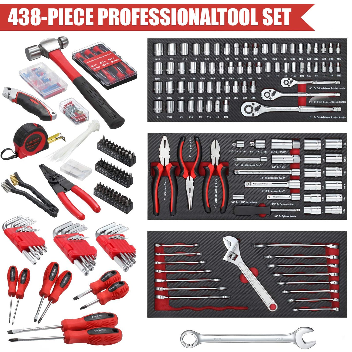 ARUCMIN 438-Piece Mechanics Tool Set with 3-Drawer Heavy Duty Metal Box Repair Tool Kit -02