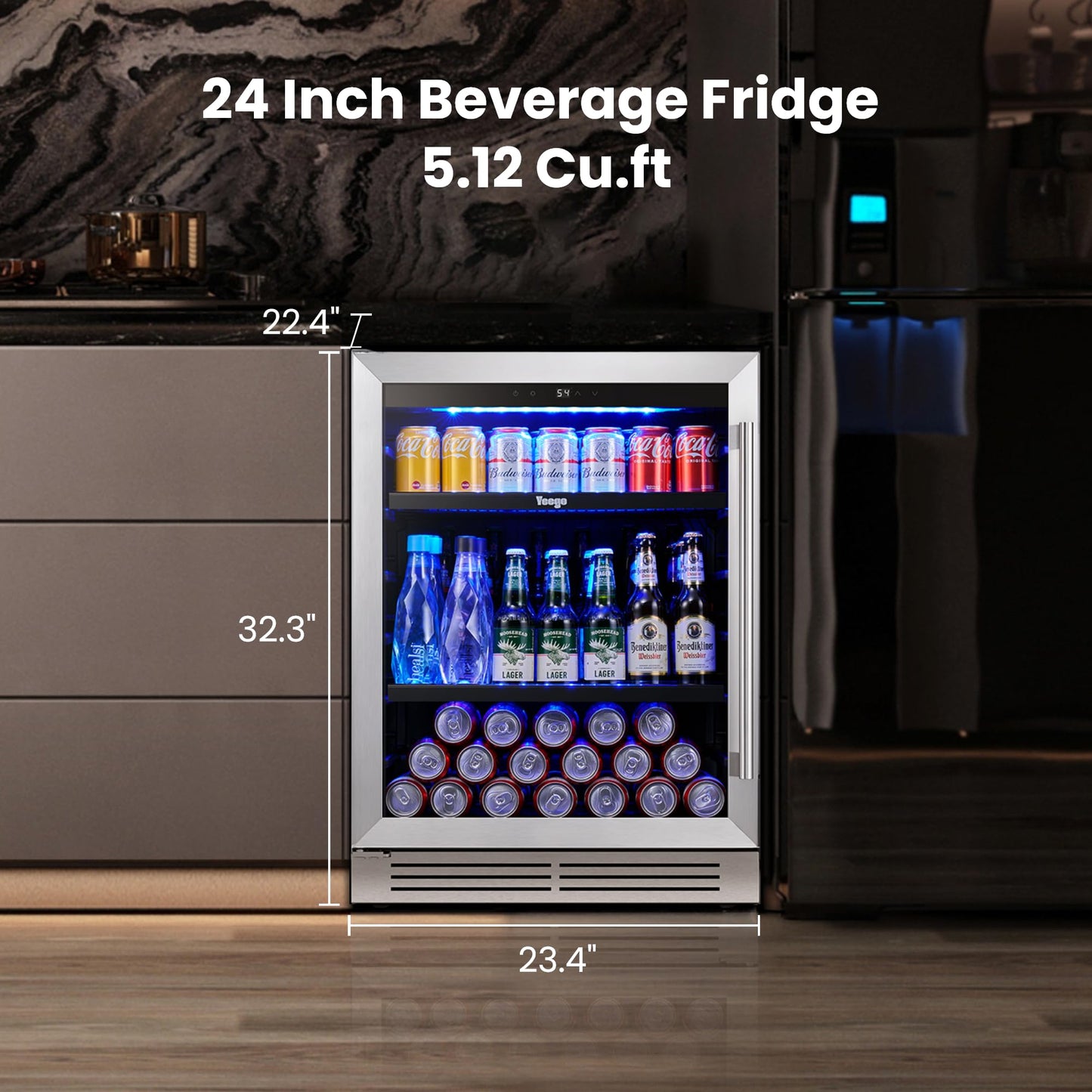 Yeego Beverage Refrigerator Cooler - 24 inch 180 Cans Mini Fridge with Glass Door, 34-54 ℉ Under Counter Refrigerator Built-in for Wine Beer Soda for Bar Bedroom Office(Left-Hinged)