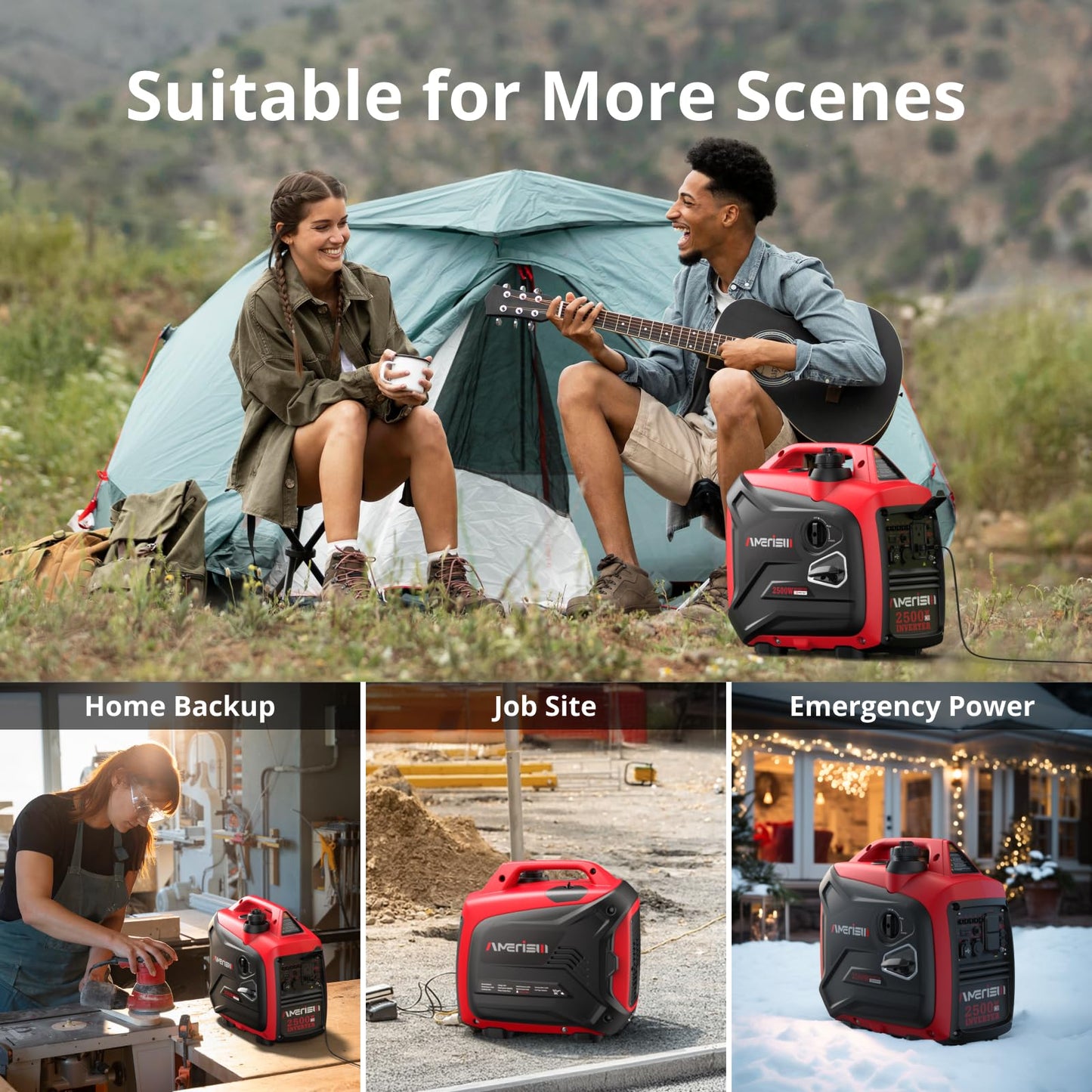 AMERISUN 2500-Watt Gas Powered Portable Inverter Generator for Home Use - Ultral Light for RV and Camping, CO Sensor, Outdoor and Home Backup, Long Run Time