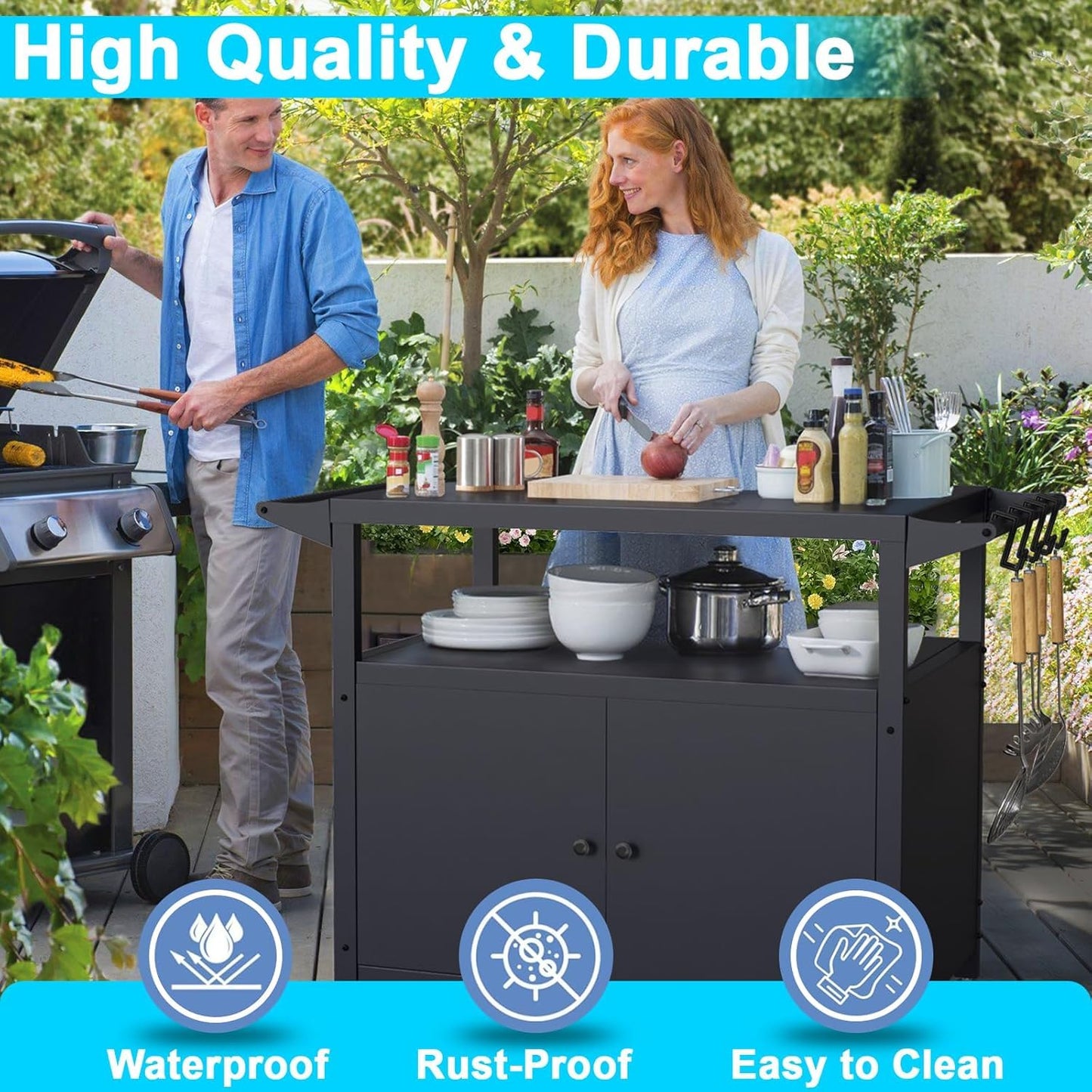 Outdoor Grill Table with Storage, Movable BBQ Grill Cart, Outdoor Kitchen Prep Station, Rolling Bar Serving Cart with Utensil Hooks, Blackstone Griddle Stand