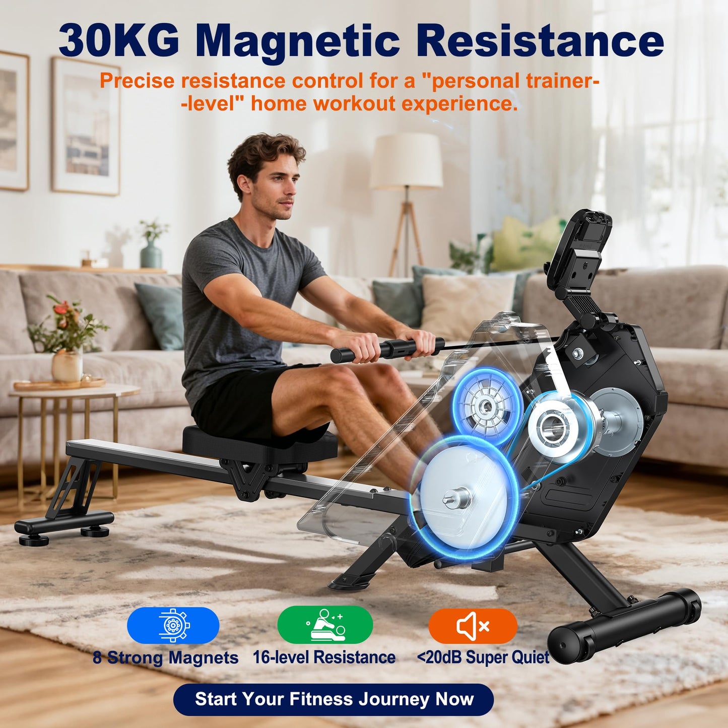 Klyzoom Rowing Machine for Home, 16 Resistance Levels, Quiet Magnetic Rower with APP, 350 LB Weight Capacity, Easy Assembly, Compact and Saves Space
