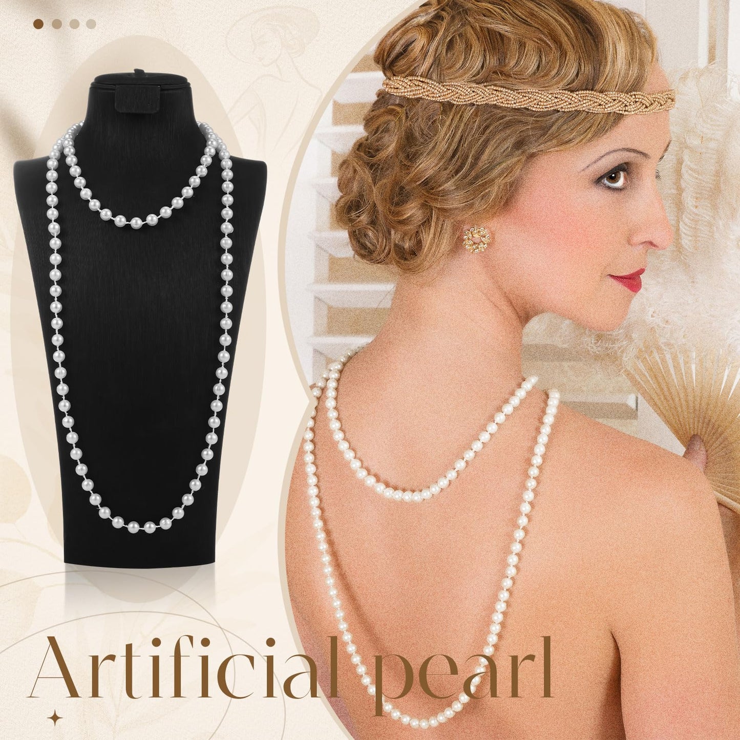 Aurelema 2 Pack Long Pearl Necklace for Women 1920s Costume Party Jewelry Faux Pearls Strand Beads for Ladies(70 Inches,8 mm,Plastic,Cream White)