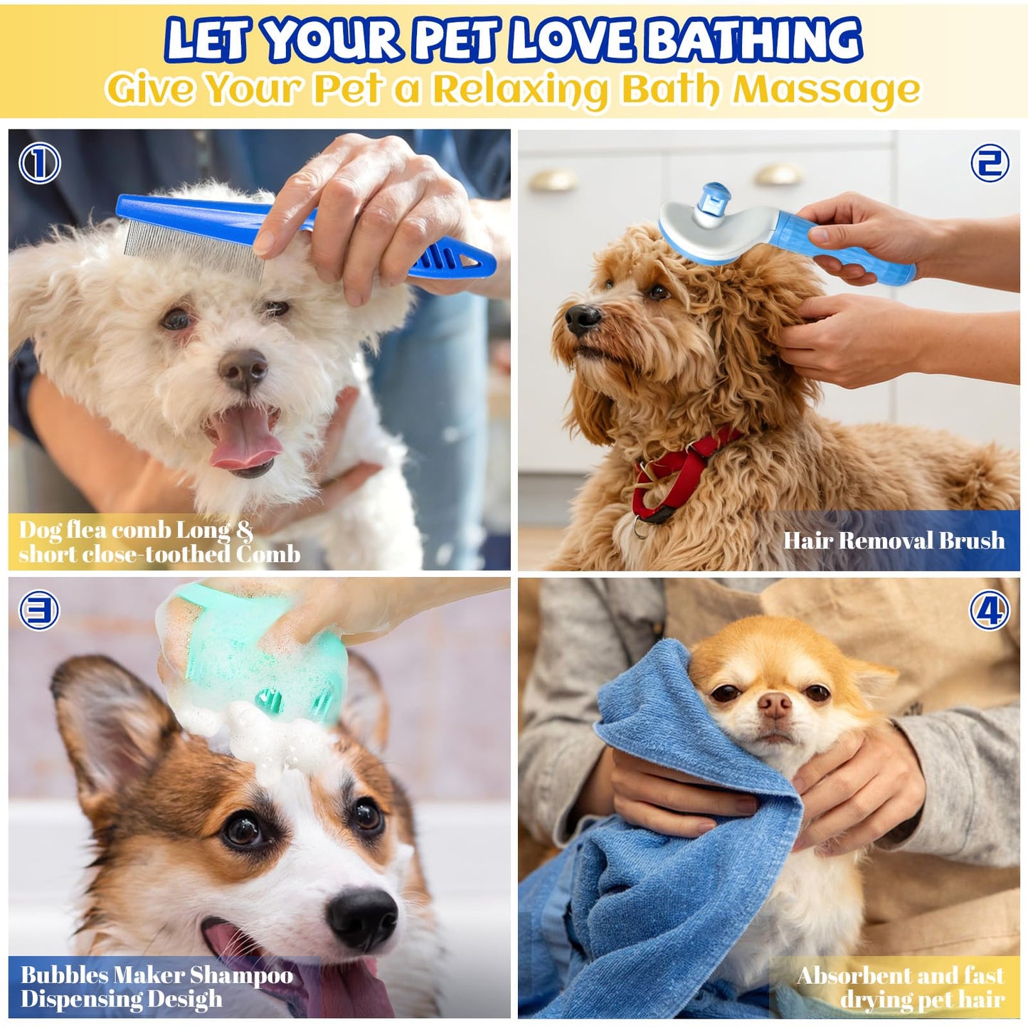 8PCS Dog Slicker Brush for Dogs Grooming Kit,Bath Grooming Kit for Pets,Hair Brush Set with Towel,Washing Gloves,Slicker Comb,and Shampoo Scrubber Brush for Small and Large Dogs and Cats(Blue)