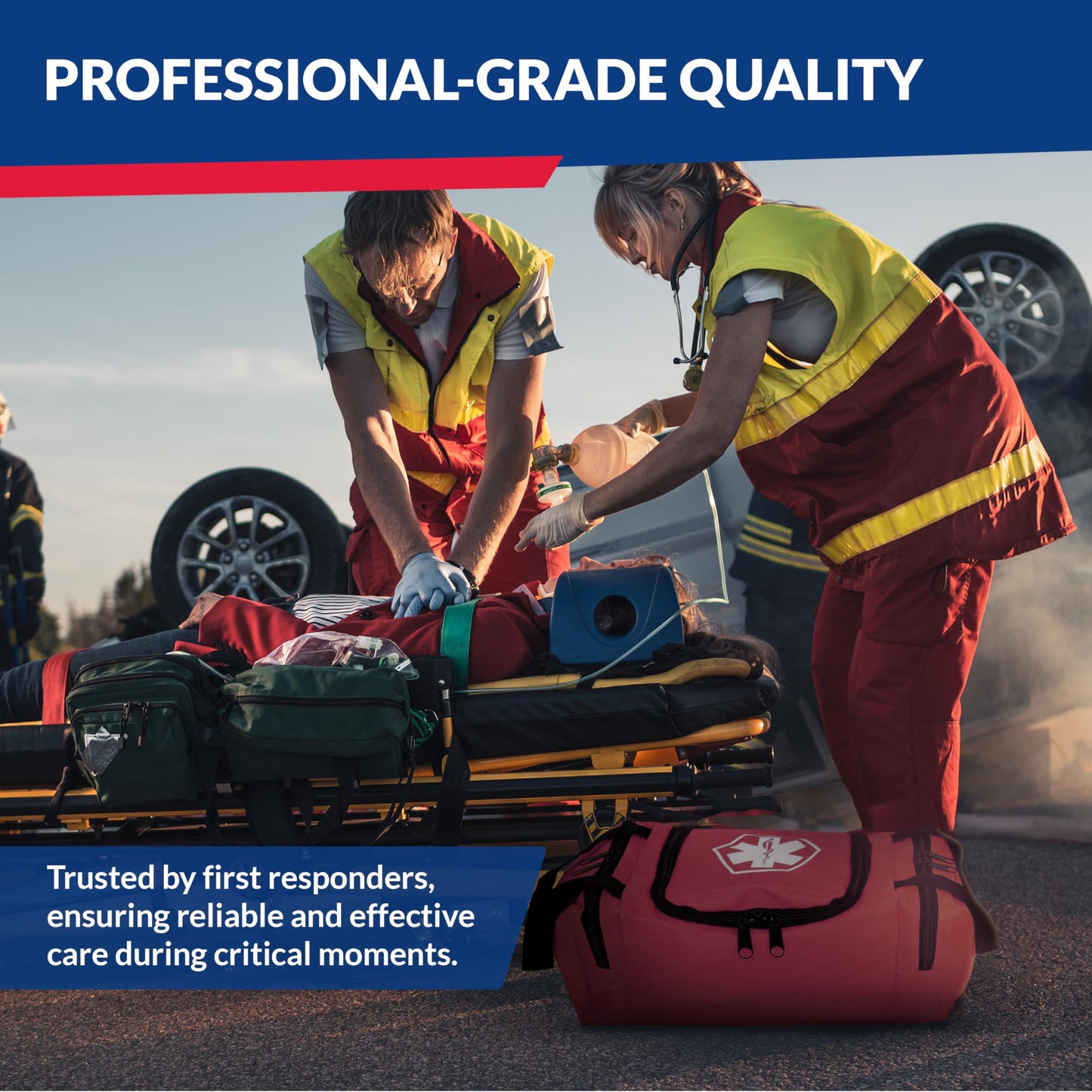 Fully Stocked Trauma First Aid Kit – First Responder II Bag with Tools, Gauze, Bandages, Scissors & Gloves – Compact & Portable – OSHA and ANSI Compliant – Red