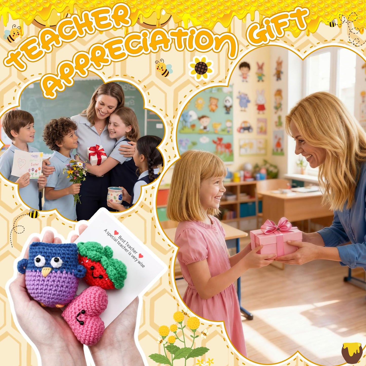Teyva Daily 5 Sets Teacher Appreciation Gift Handmade Crochet Teacher Gifts for Women Thank You for Helping Me Grow Crochet Doll with Card and Bag for Teachers Appreciation Week End of Year Gift