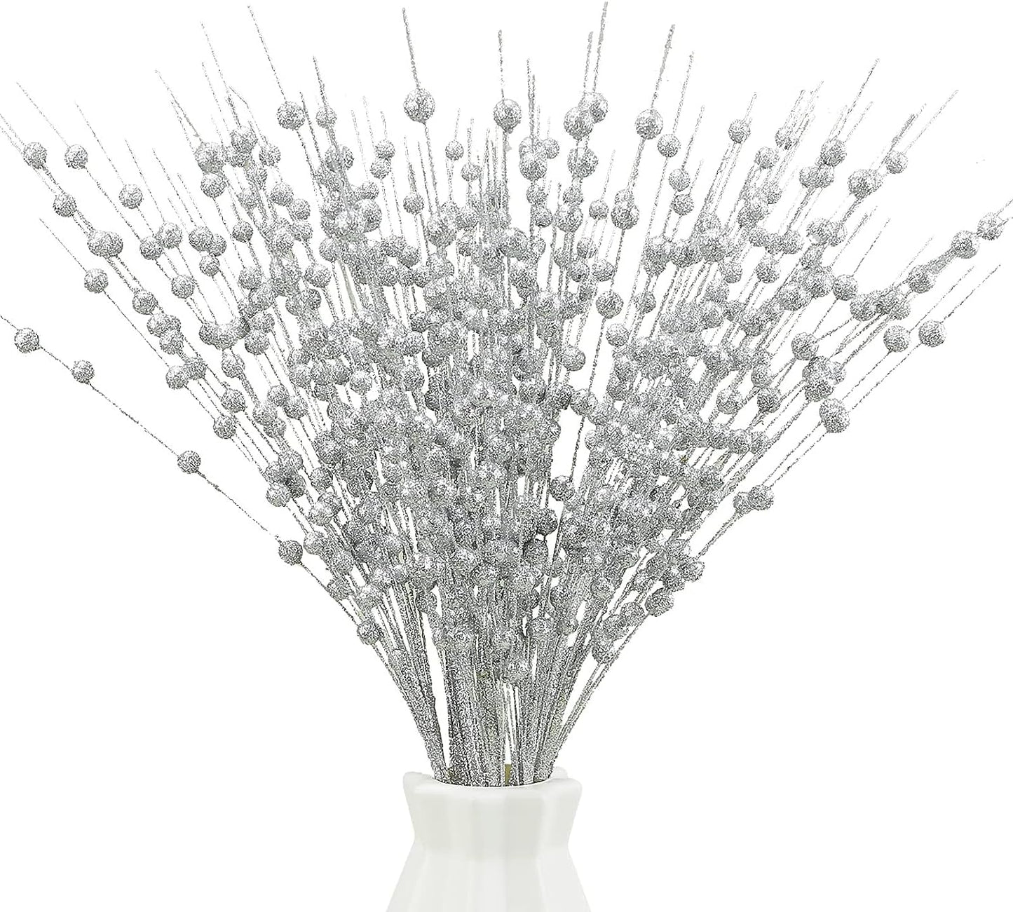 Artificial Glitter Berry Stems Silvery Decorations 17 Inch, Fake Berries Bead Sticks Pick for Halloween Christmas Ornaments Glittery Berries Xmas Tree Wreath Vase Filler Home Decor - Silver 10 Pack