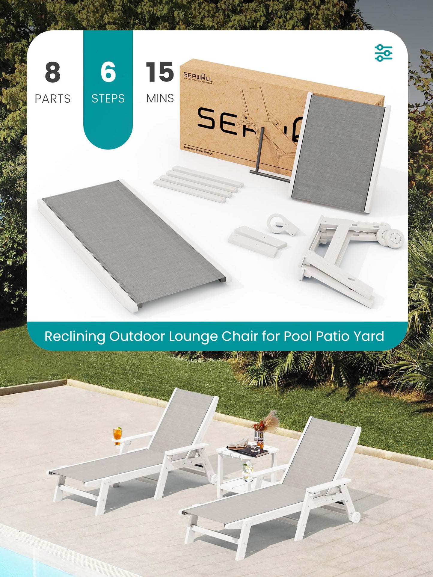 SERWALL Textilene Patio Chaise Lounge Chair Set of 2, 5 Positions Outdoor Lounger with Rolling Wheels for Pool, Deck, White