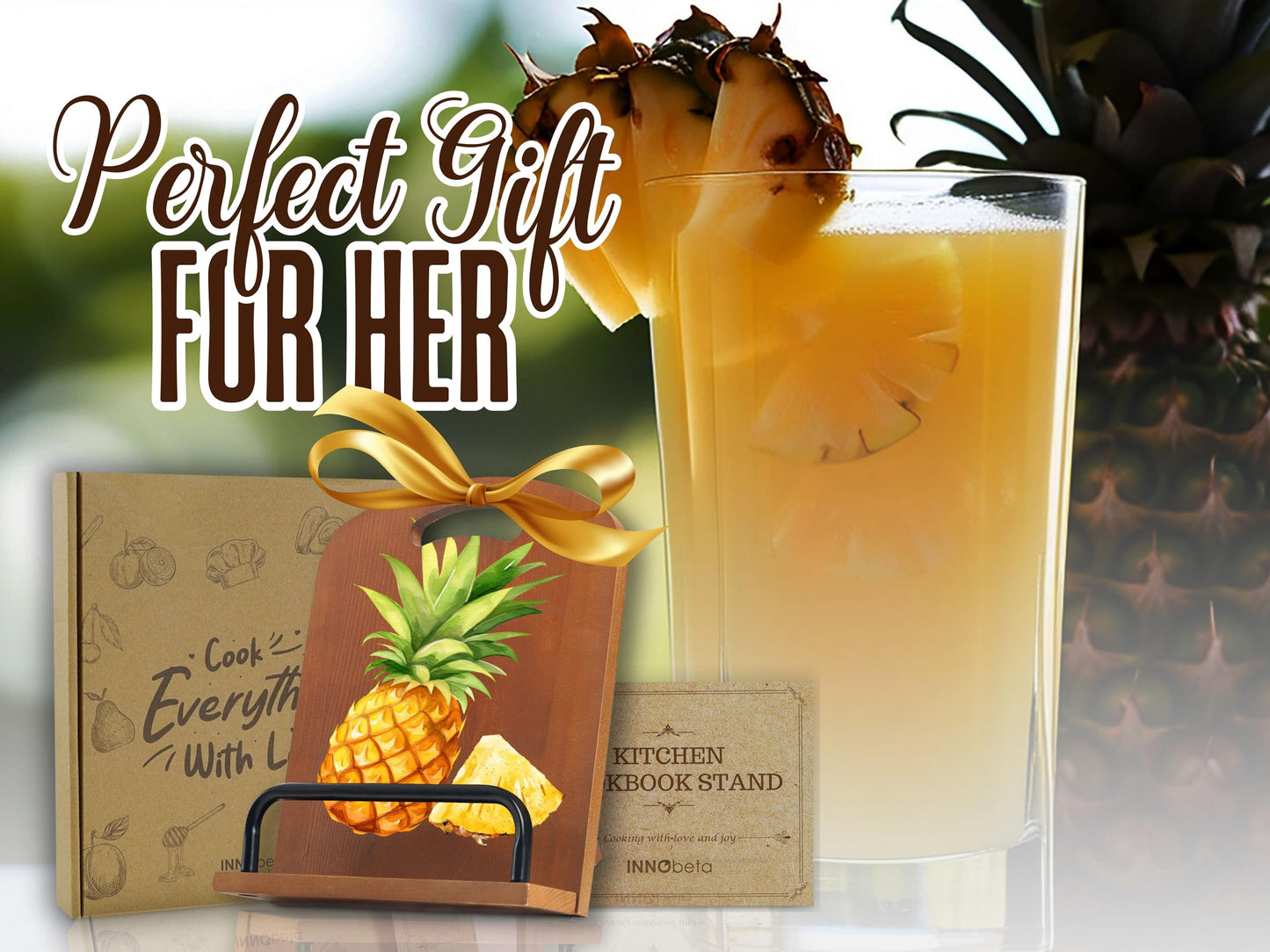 InnoBeta Pineapple Gifts for Women, Cookbook Stand for Kitchen Counter, Perfect Gifts for Pineapple Lovers on Birthday, Adjustable Tablet Recipe Book Holder, Unique Kitchen & Home Decor