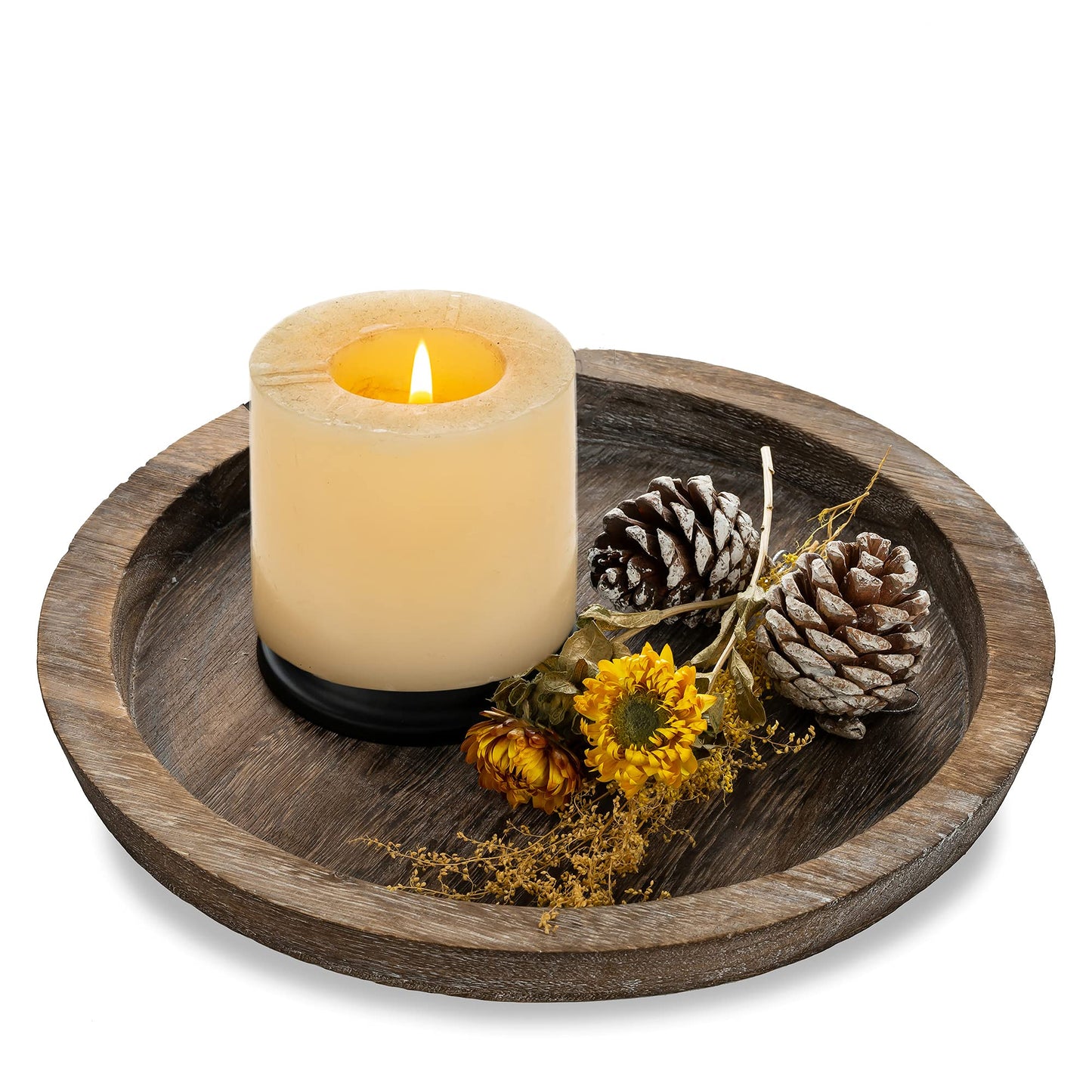 Romadedi Rustic Wooden Tray Candle Holder - Small Wood Decorative Plate Pillar Candle Tray for Farmhouse Kitchen Countertop Bathroom Coffee Table Organizer Home Decor Wedding Centerpiece, 11inch