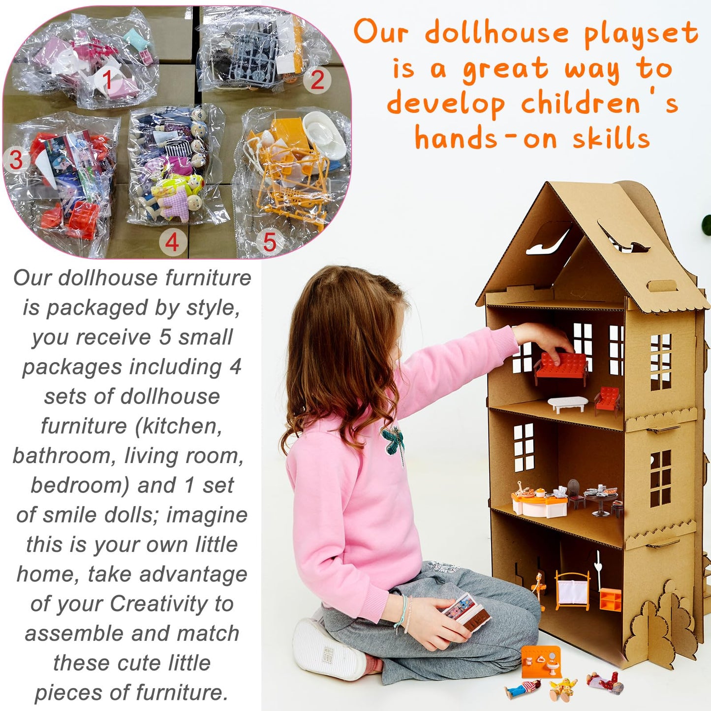 HyDren 83 Pcs Wooden Dollhouse Furniture Set with 8 Flexible Dolls for 5 Rooms Kits Kitchen, Dining, Living Room, Bedroom, Bathroom Dollhouse Accessories and Furniture Toys for Girl Boy Toddlers Gift